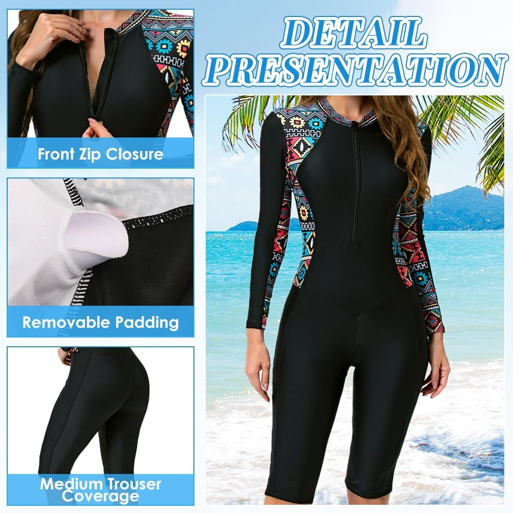 WOTOW Women'S One Piece Rash Guard Swimsuit, UPF 50+ Zip up Long Sleeve Boyleg Bathing Suit with Built in Bra, Summer Quick Dry Swimwear image number 1
