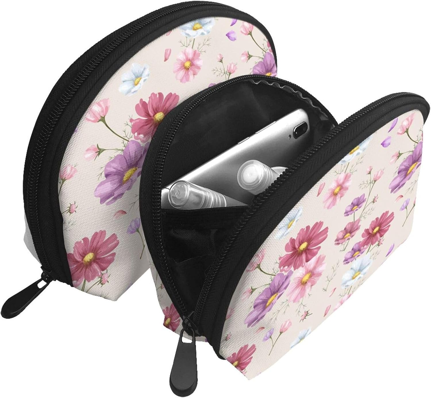 Cozimangoe Coin Pouch Makeup Bags Set, 2 Piece Shell Shape Cosmetic Bag with Pockets for Daily Travel Handbag Lipstick Keys Toiletry, Personalized Hand Drawn Cosmos Flower Pattern image number 1