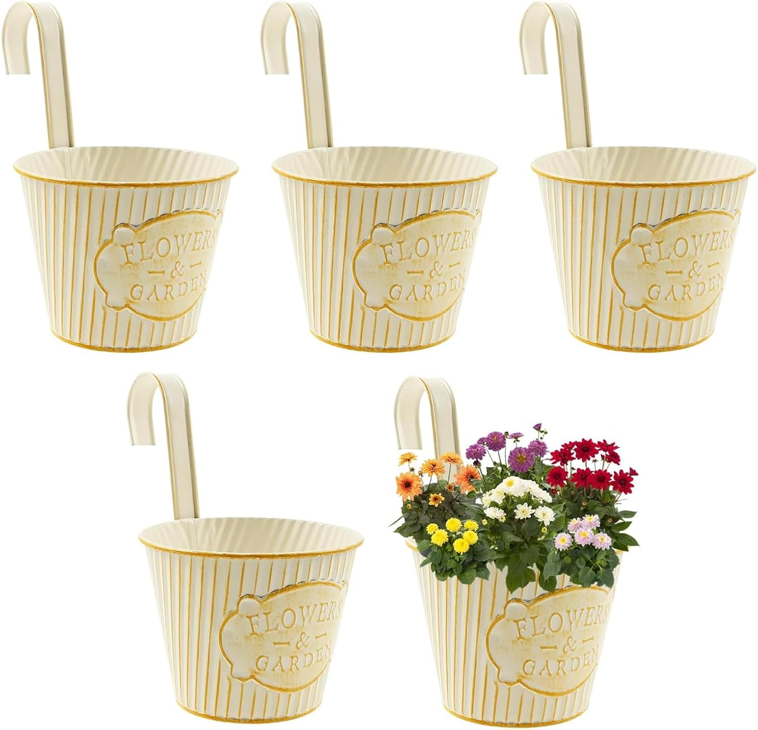 5 Pack Hanging Planters with Hooks, 9Cm Metal Bucket Hanging Flower Pots for Balcony Railing Fence Deck Rail Porch Window Box, Outdoor Garden Planters Basket(Blue)