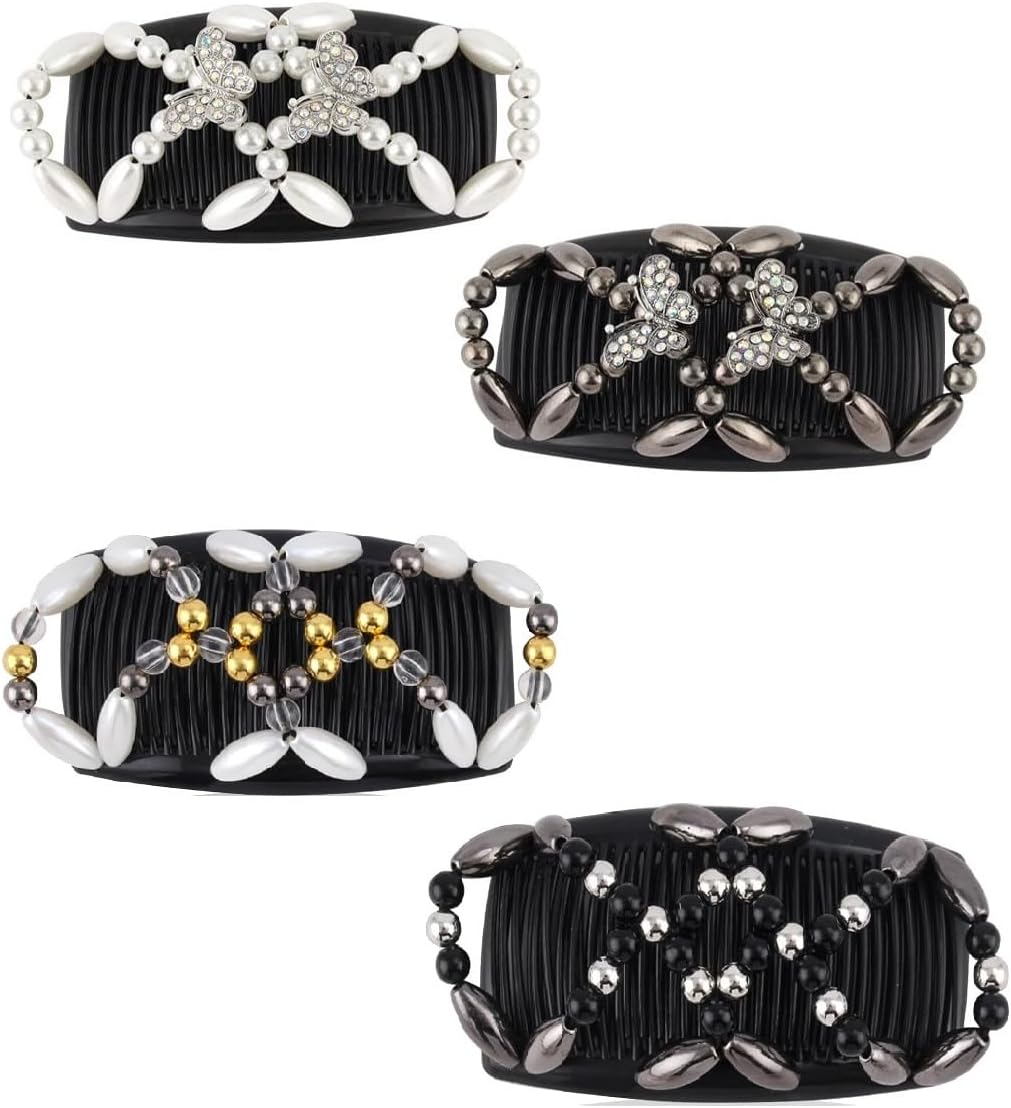 Pack of 4 Magic Hair Combs, Elastic Beads Hair Combs, Stretchy Double Hair Side Combs, Clips, Bun Maker, Headpiece for Women and Girls, DIY Hair Styling Accessories image number 4