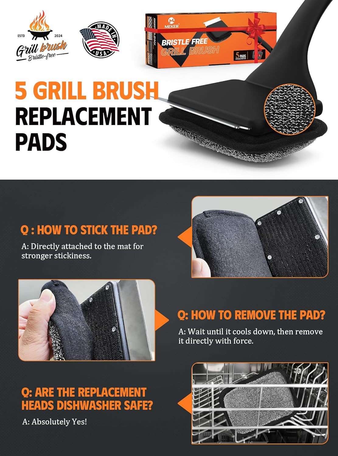 MEKER Grill Brush Bristle Free, Grill Cleaner Brush with 5 BBQ Replacement Head for Cast Iron, Stainless Steel Grates, Safe Grill Scraper Outdoor BBQ Grill, Black image number 2