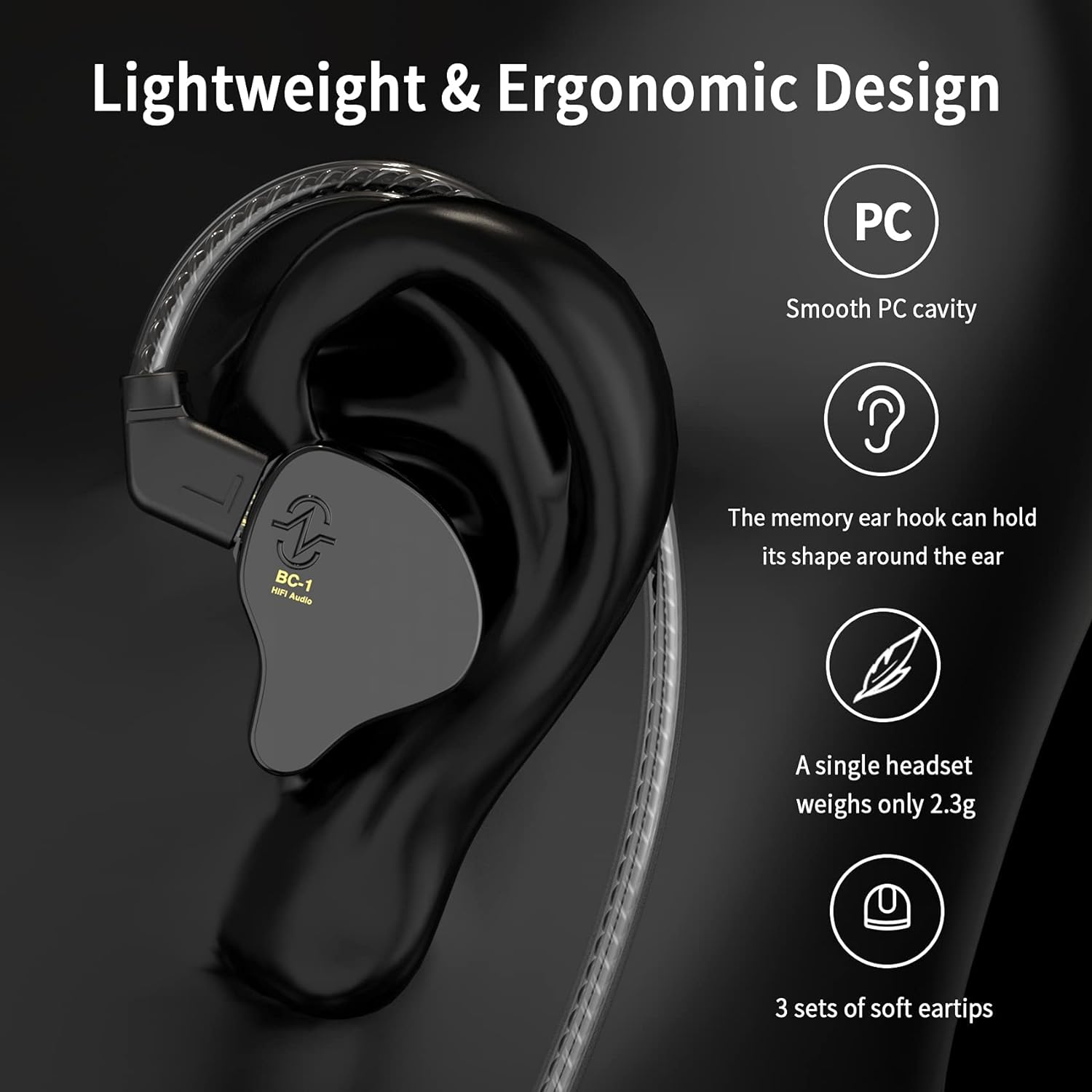 CCZ Yinyoo Melody in Ear Monitors, Wired Earphones without Microphone IEM HIFI Bass with 1DD 1BA, Ear Fins, IEM Earphones with 4N OFC Cable for Musicians, Singer, on Stage,Studio (No Mic, Clear Black) image number 4