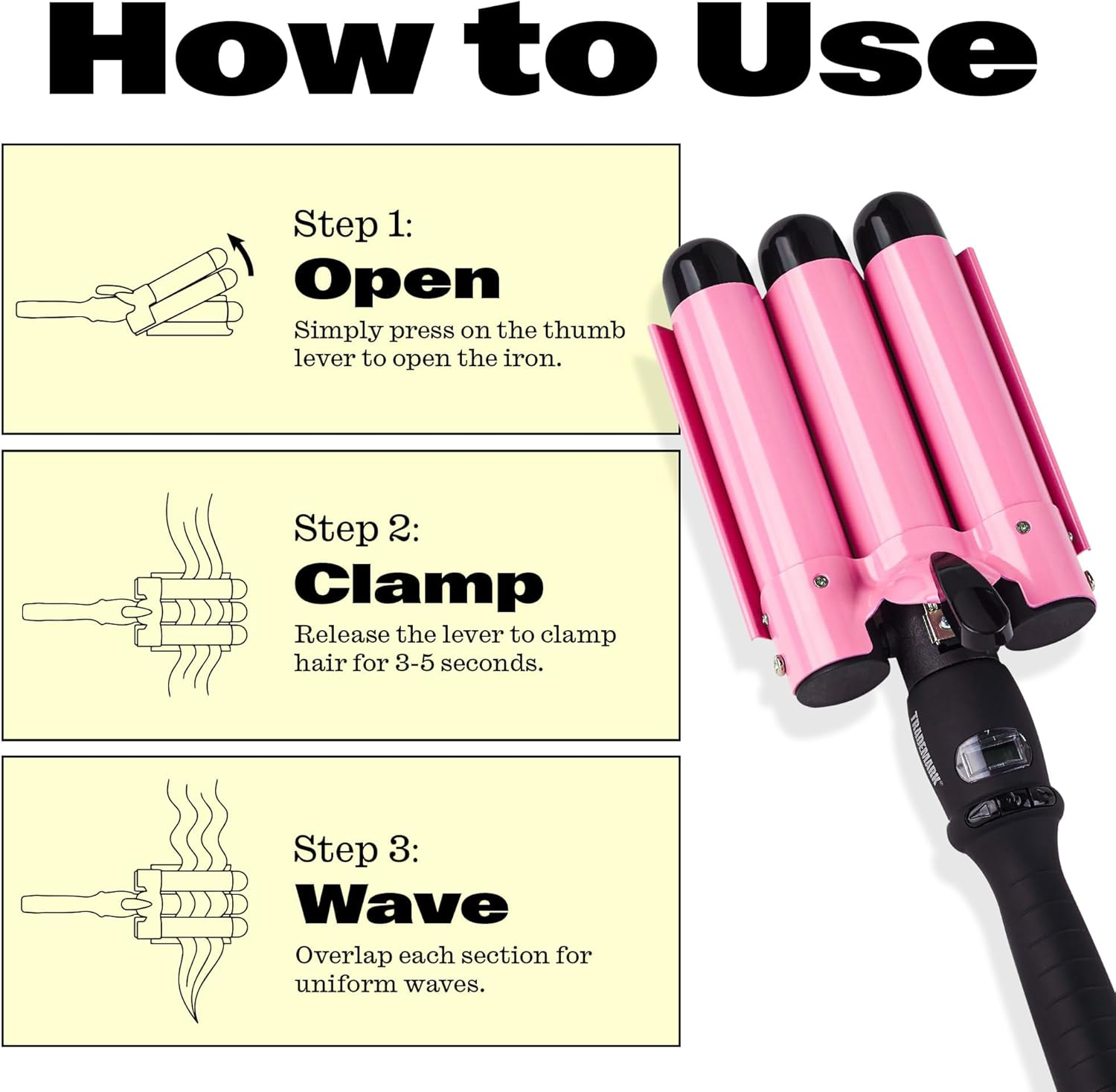 Trademark Beauty Three Barrel Hair Waver, Curling Iron, 1.25 Inch, Beach Waves, Adjustable Temperature Hair Curler, Babe Waves Jumbo - Pink image number 3