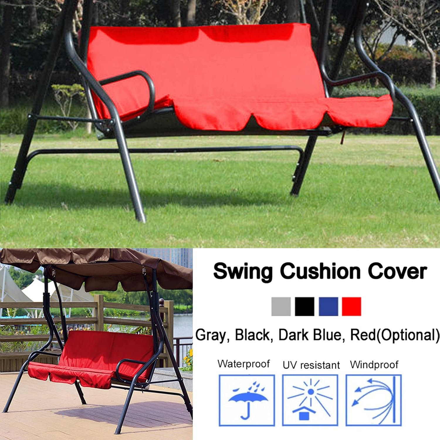 Omabeta 1PCS Outdoor Swing Chair Cushion Replacement Cover with Waterproof Material for 3-Seater, 150X50X10Cm/59.1X19.7X3.9In Swing Seat Cushion Cover for Garden Courtyard Hammock Seat, Red - Black image number 3