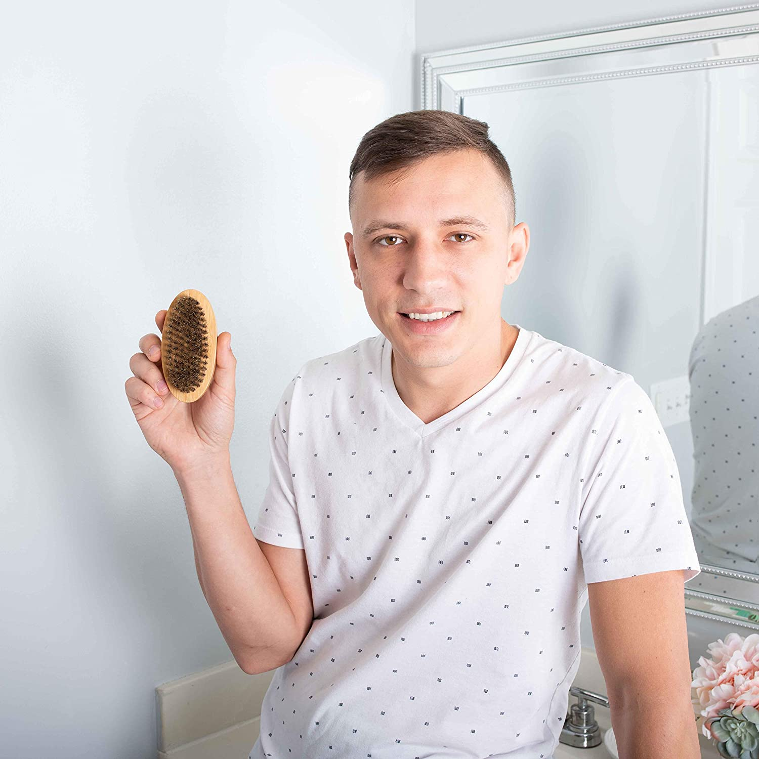 Grannaturals Military Style Boar Bristle Hair Brush for Men and Boys - Palm Size Hairbrush and Beard Brush for Grooming Thin, Fine, Facial and Short Hair - Soft Bristle Slick Back & Smoothing image number 1