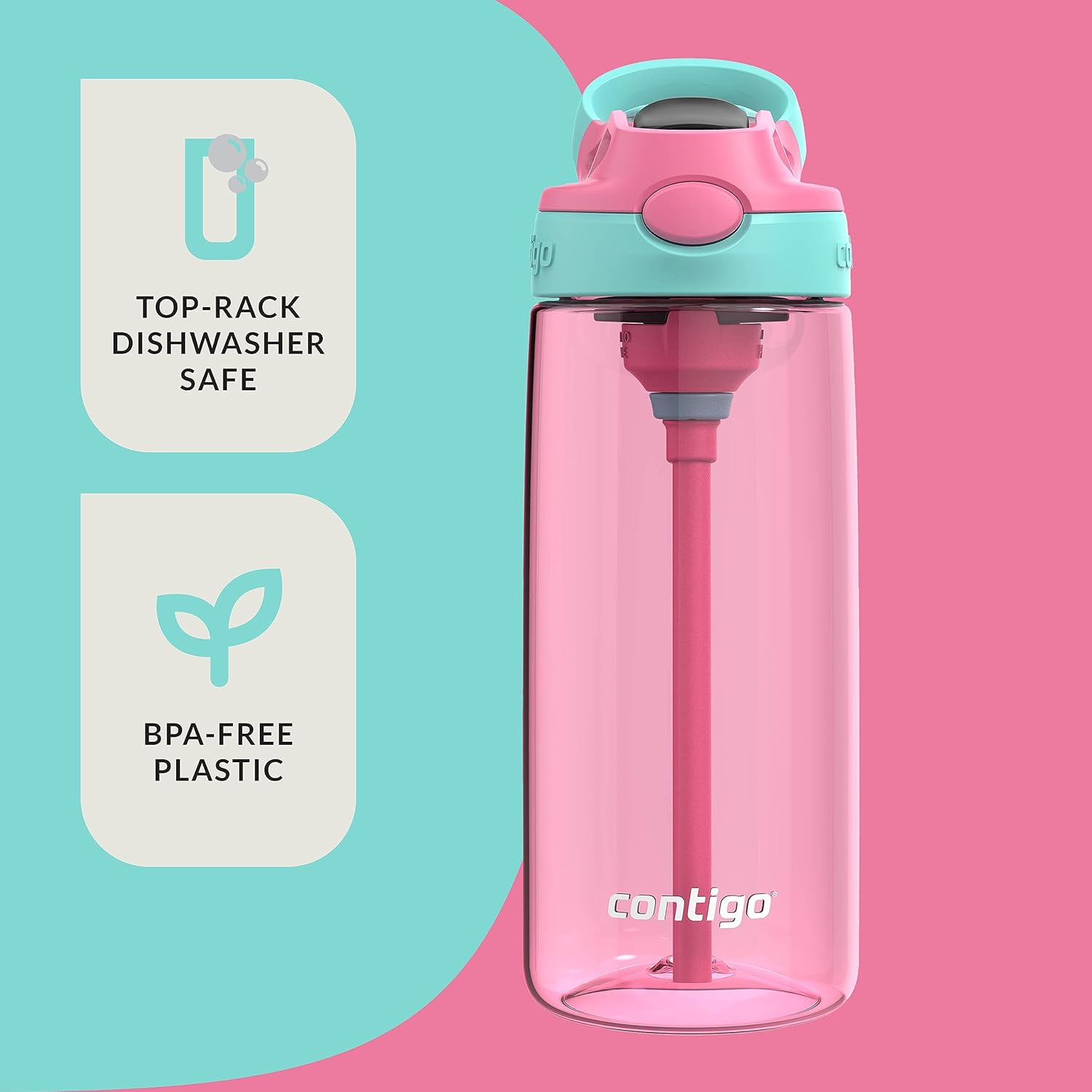 Contigo Aubrey Kids Cleanable Water Bottle with Silicone Straw and Spill-Proof Lid, Dishwasher Safe, 20Oz 2-Pack, Azalea/Jade & Blue Raspberry/Azalea image number 5