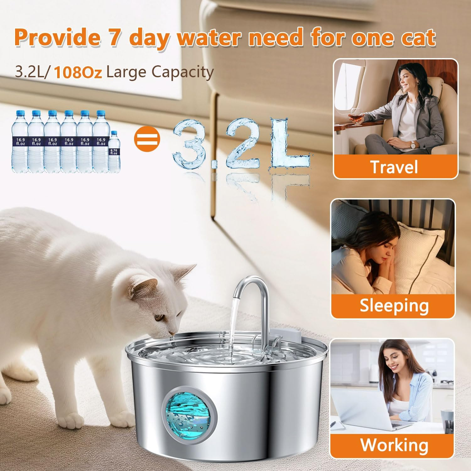 Bemuiz Cat Water Fountain：3.2L Automatic Stainless Steel Pet Water Fountain for Cats Indoor- Water Dispenser Bowl for Dogs Drinking with Quiet Pump and LED Light Water Level Window image number 2