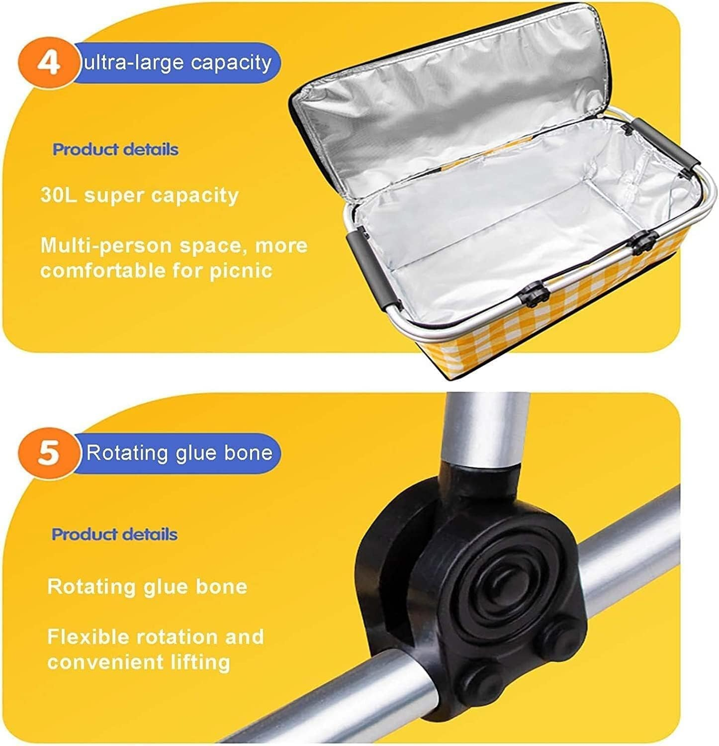 Insulated Cooler Bag-Folding Picnic Basket with Handle，Waterproof Lining - Collapsible Designfor Camping, Trips, Shopping, Outdoor Activities (Yellow) image number 4