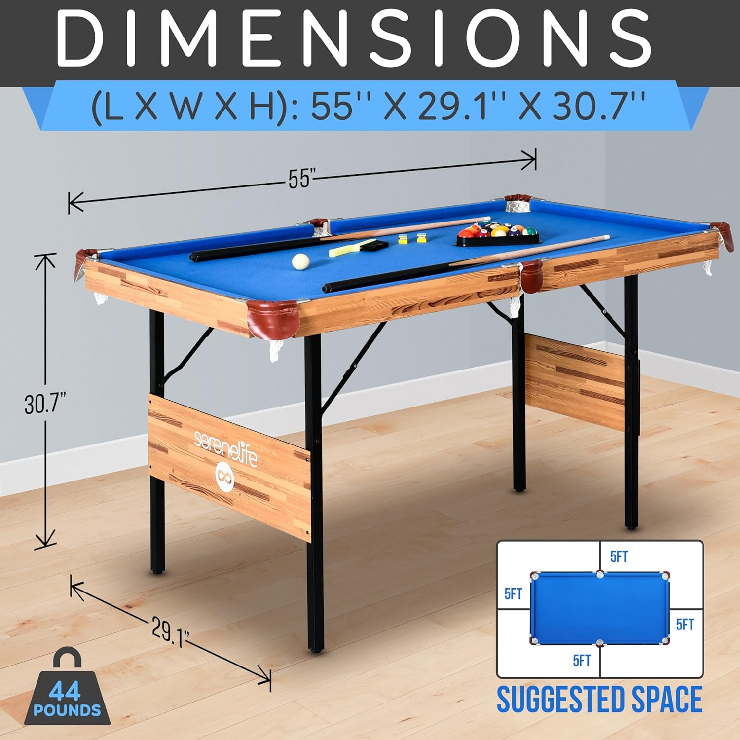 Serenelifehome 4.5Ft Folding Pool Table, 54In Portable Foldable Billiards Game Table for Kids and Adults with Accessories, Indoor and Outdoor Game with Sticks, Cue, Balls and Triangle, Blue (SLPTB56) image number 1