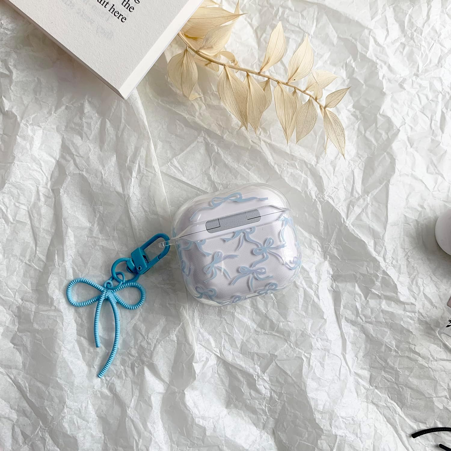 Case for Airpods Pro 2 with Cleaner Kit Soft Cute Bow Pattern Fashion Design Bowknot Aesthetic Shockproof Keychain Headphone Cases for Airpods Pro 2-Blue image number 3