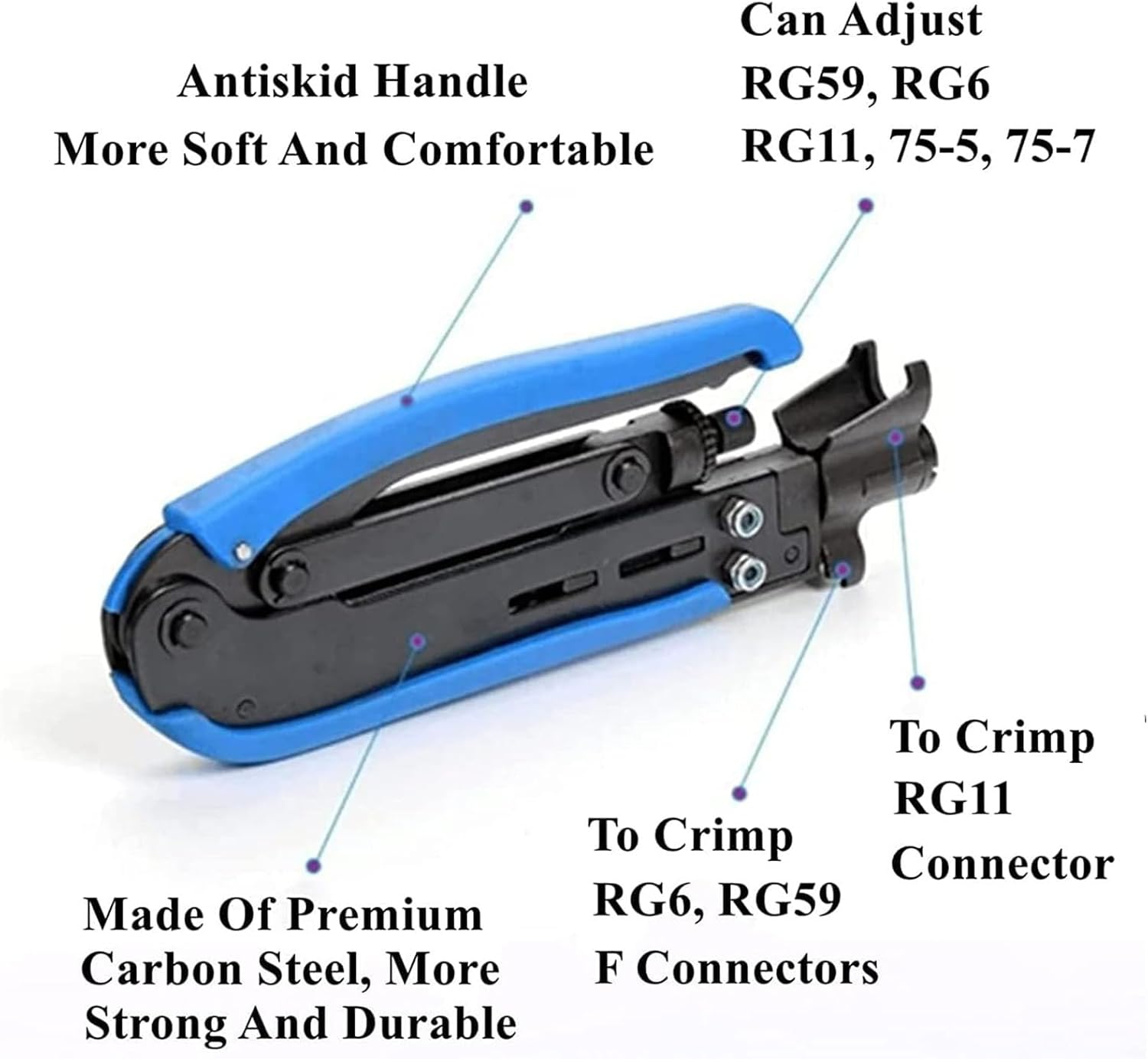 Coax Cable Crimper Tool Kit, Coaxial Cable Crimping Pliers for RG6 RG59 RG11 F Head Compression, Crimping and Stripping Pliers Tool for Electricians Work image number 4