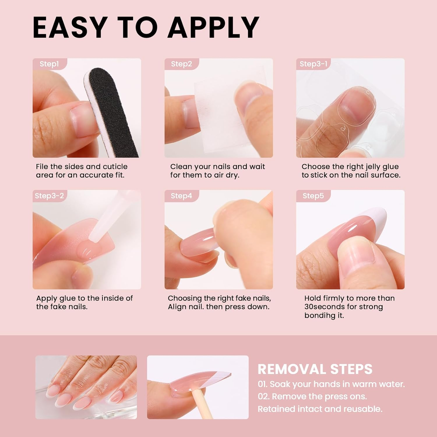 Noerrors Jelly Cat Eye False Nails Pack of 30 Short Square Naked Pink Glass Pressure Nails with Glitter, Shimmer, Acrylic and Gel Glue for Sticking False Nails image number 2