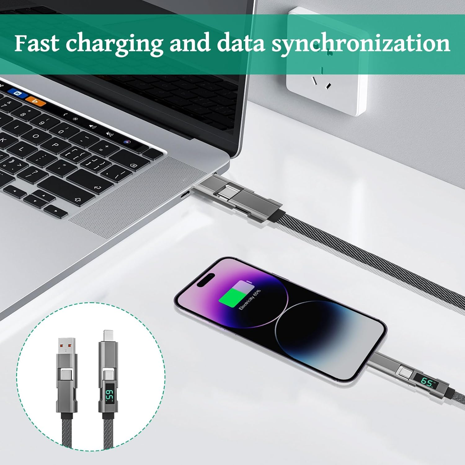 4 in 1 Charging Cable, 1M USB to Light-Ning Cable, USB a to Light-Ning Cables, 65W Multi-Port Universal Charger, PVC Braided Cables, Compatible with Iphone 16/15/14, Ipad, Android Phones image number 2