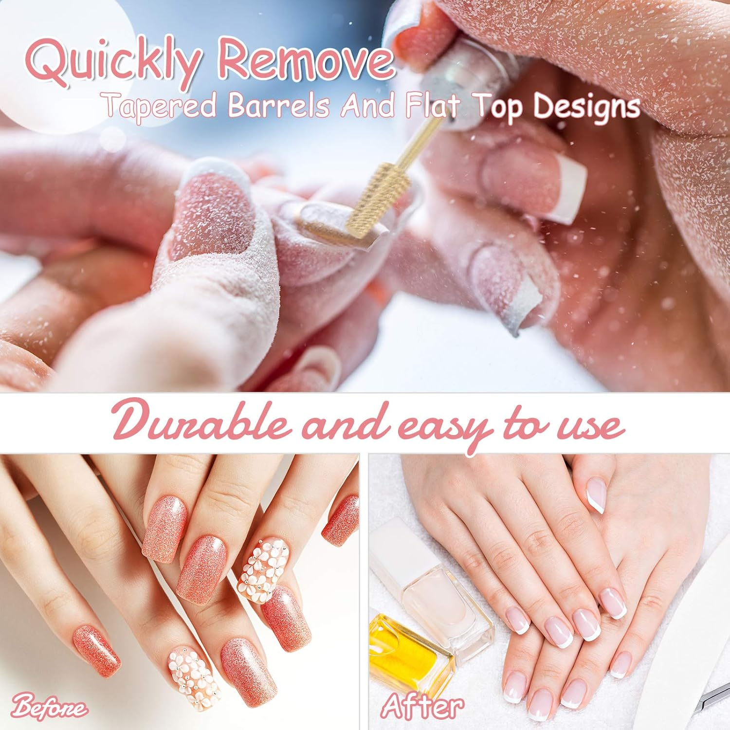 3 Pieces Tapered Barrel Carbide Nail Drill Bit, 3 Sizes Carbide Nail Drill Bit Acrylic File Cuticle, Art Tools for Gel Manicure Pedicure(Xf, F, M,Gold) image number 4