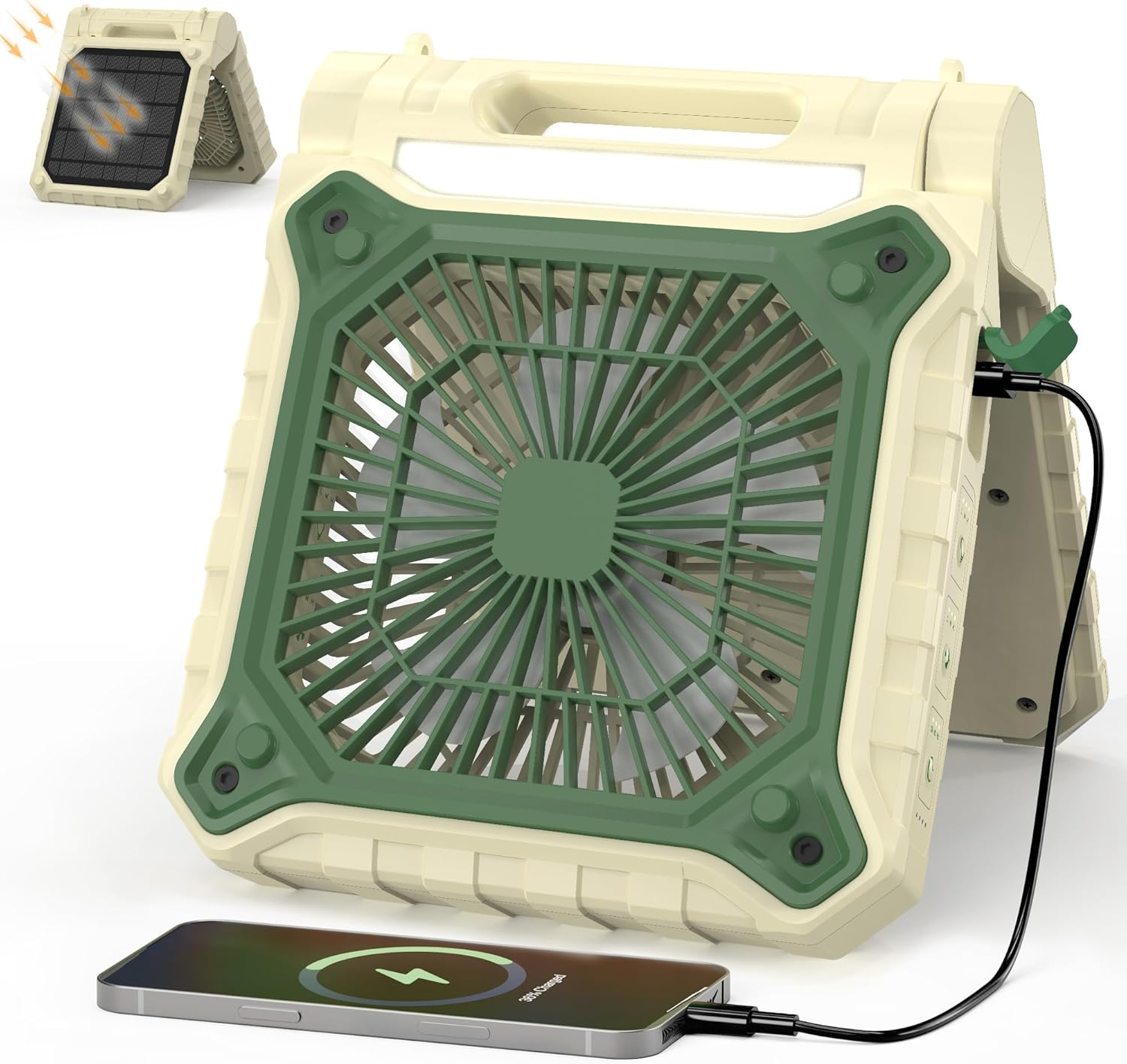 KITWLEMEN Solar Powered Fan - Rechargeable Battery Operated Camping Fan with Lantern, 38H Run Time, 3 Speed, 6H Timer, SOS Signal, Portable Desk Fan for Camping Fishing RV Trips Hurricane Power Outage