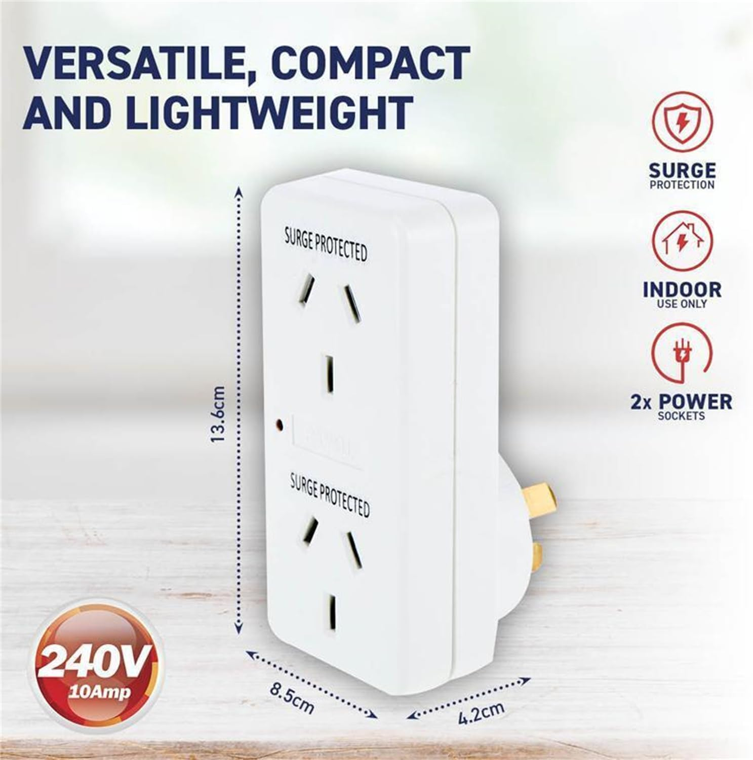 Leona Co Double Adaptor Surge Protection Power Indicator 240V Power Indicator, Compact & Safe for Home/Office &ndash; Ideal for TV, Computer, Phone Charging (1) image number 2