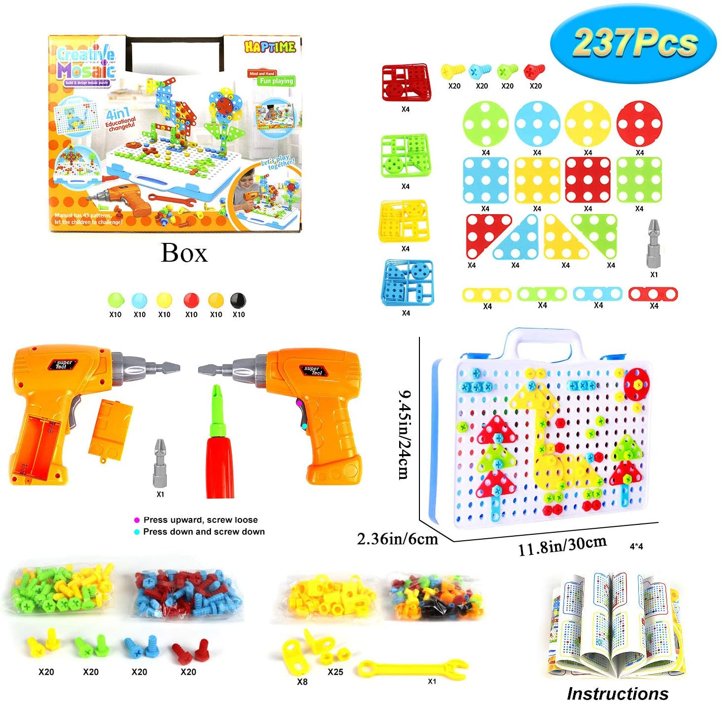 237 Pieces Electric DIY Drill Educational Set, STEM Learning Toys, 3D Construction Engineering Building Blocks for Boys and Girls Ages 3 4 5 6 7 8 9 10 Year Old, Creative Games and Fun Activity