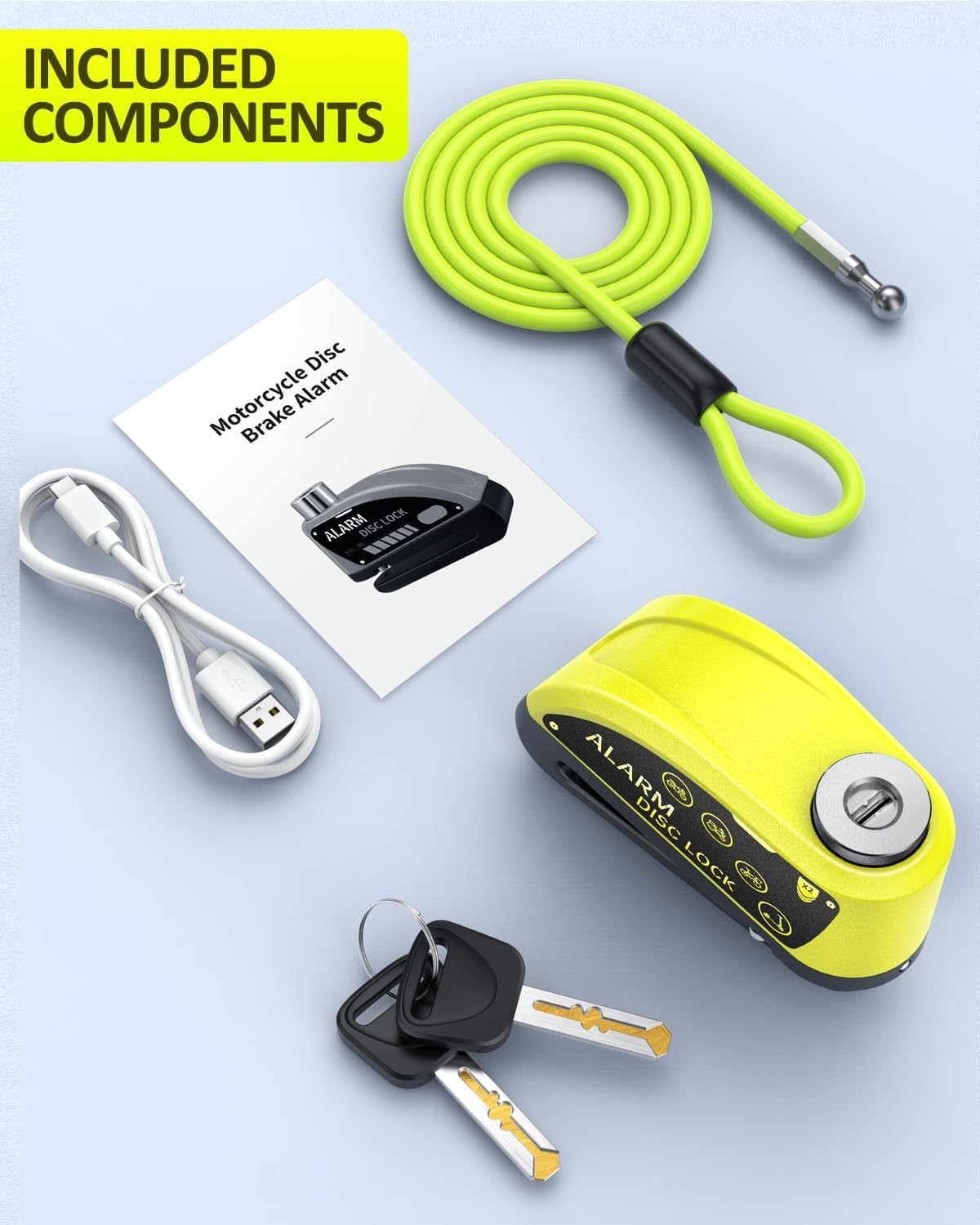 ONVIAN Rechargeable Motorcycle Lock with 6FT Steel Wire Anti-Theft Cable, 120Db Motorcycle Alarm with Rest Mode, for 7Mm Pin Ebike Electric Scooter Motorcycle Moped Disc Brake (Lemon Yellow)&hellip; image number 1