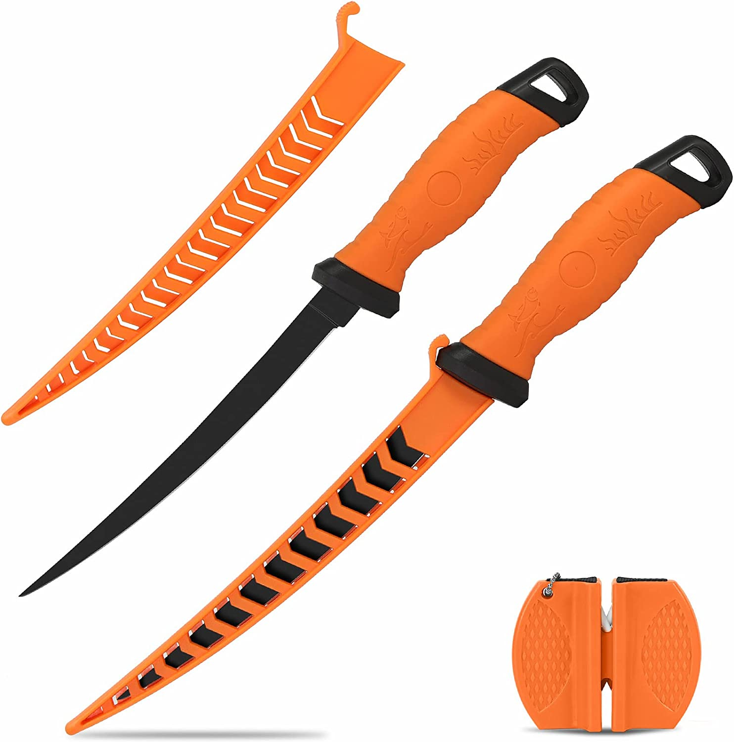 Meat and Fish Fillet Knife - Curved Steel Blades with Sheath, Sharpener, Non-Slip Handles Ideal for Filleting and Deboning