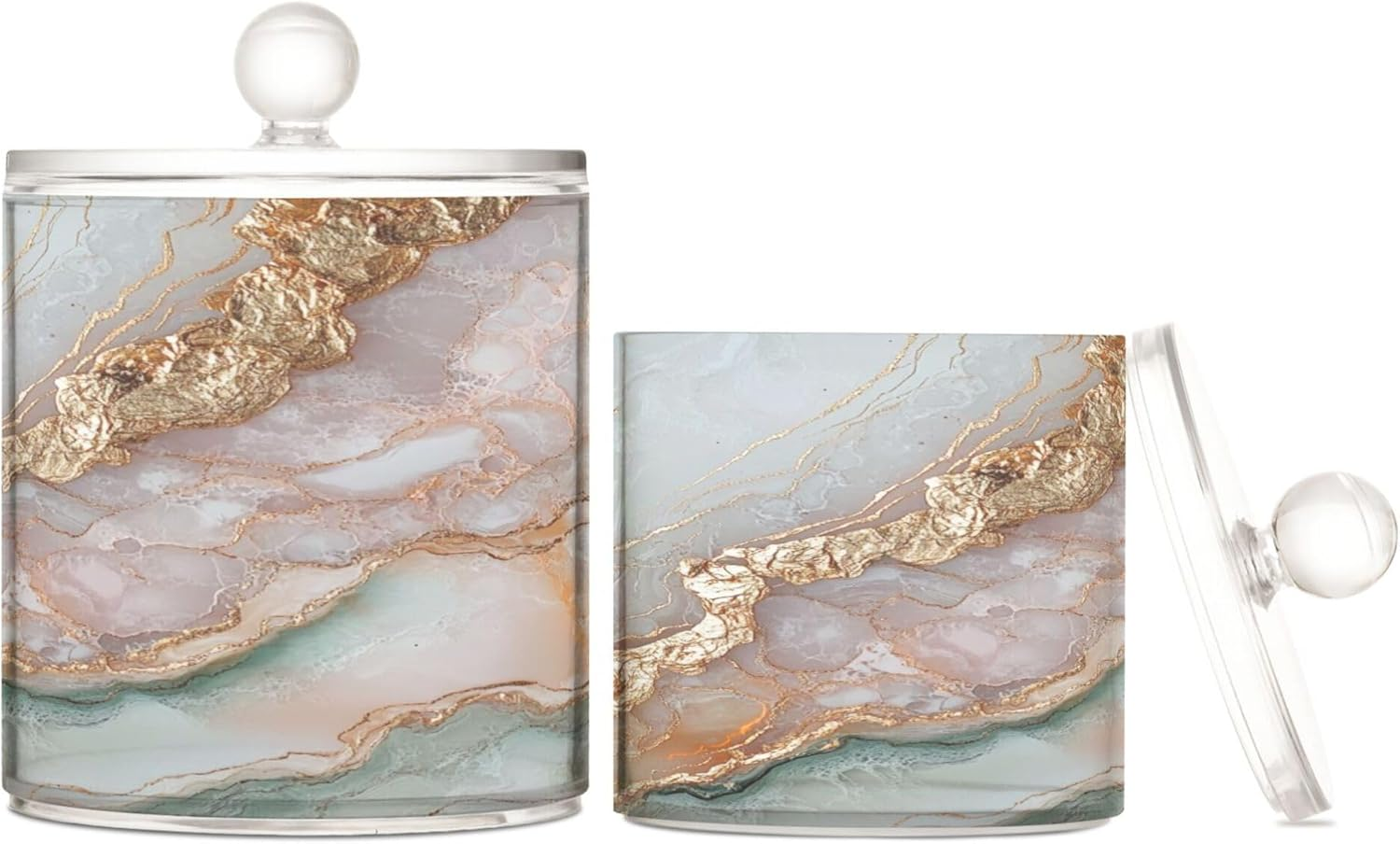 Marble White Sage Green Clear Plastic Makeup Organizer Storage with Lid Dresser Essentials Decorative Storage Bins for Floss Picks,Paper Clips,2 Pack