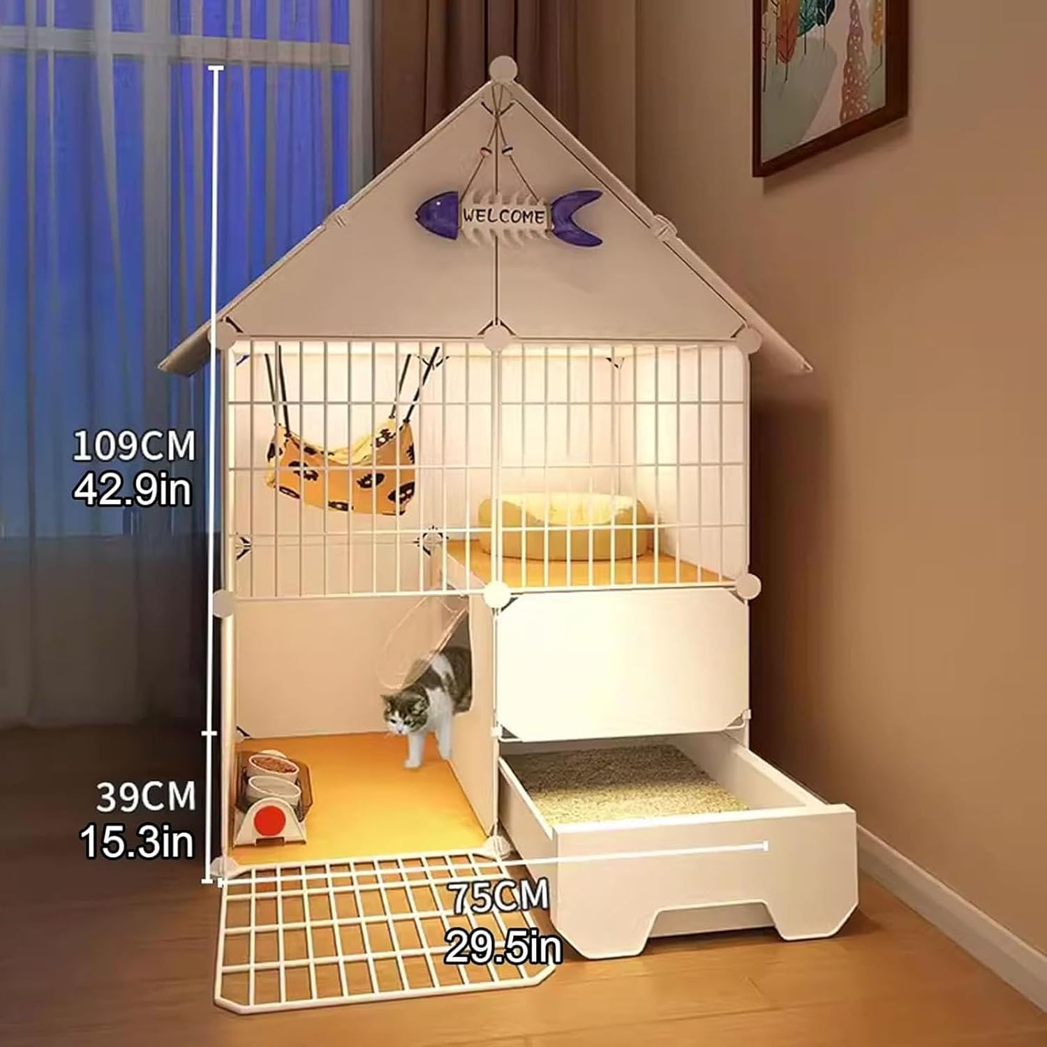 Cat Enclosures Indoor, DIY Cat Cage Detachable with Litter Box, Cats Plaype with Triangular Roof, 2-Tier Cute Cats House, Easy to Install(39Cm/15.4In) image number 4