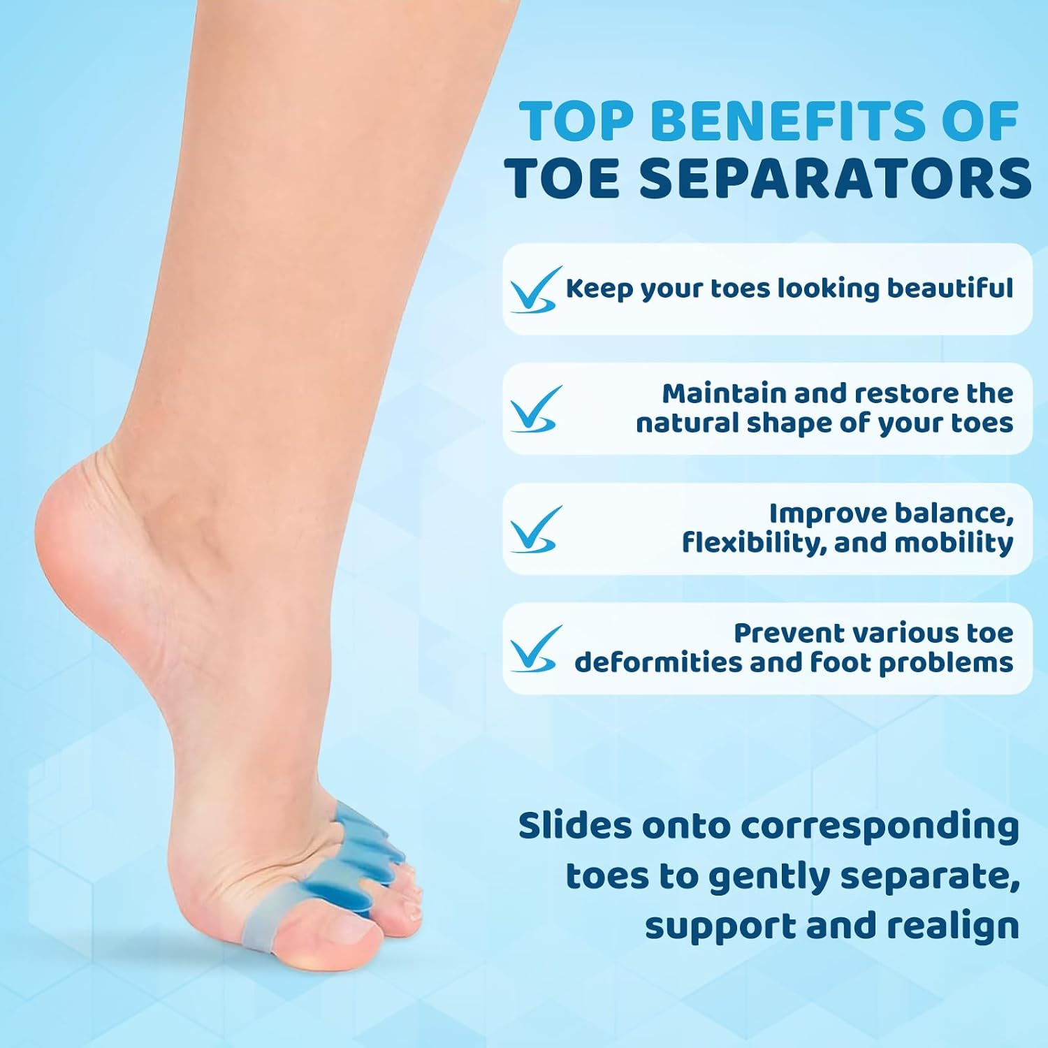NAILGILRS Toe Separators - 2 Pair Toe Spacers Straightener to Correct Bunions, Soft Rubber Toe Spreader for Men and Women, Foot Pain Relief from Plantar Fasciitis, Hammer & Claw Toes image number 4