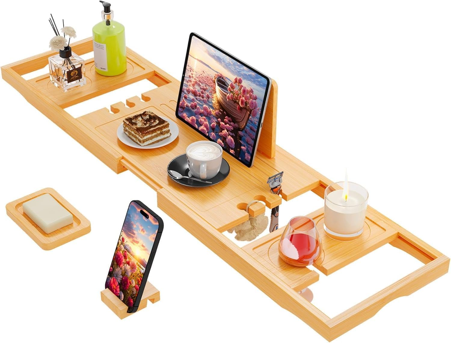 Bathtub Tray, Premium Expandable Bath Tray Caddy with Soap Box and Phone Holder, Bathroom Accessories, House Warming Gifts, Anniversary and Wedding Gifts, for Mum Wife Women (Wood Color) image number 6