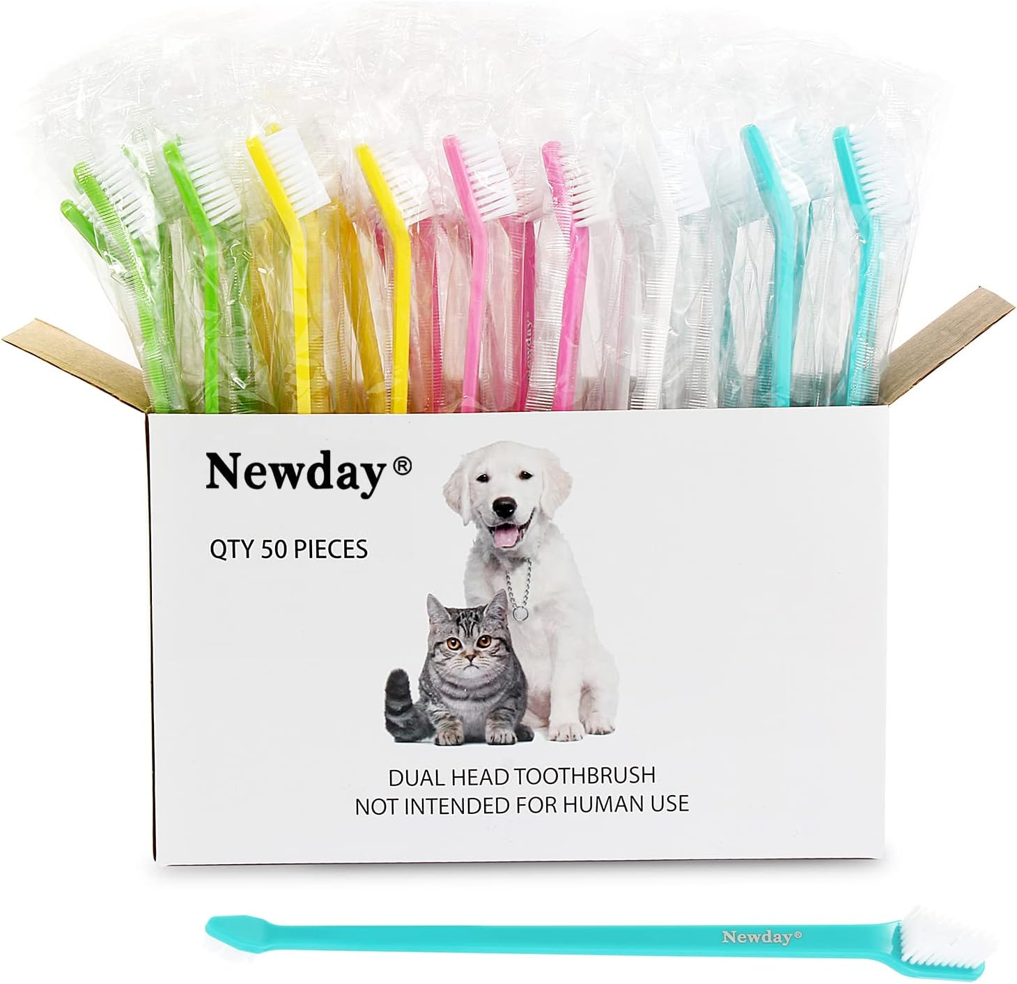 Newday 50 Pack Dual Ended Long Dog & Cat Toothbrush, Pet Safe Super Soft Bristles for Pet Dog Puppy Kitten Dental & Oral Care Teeth & Gums, Pet Toothbrushes in Box, Bulk Individual Polybag (Colorful)