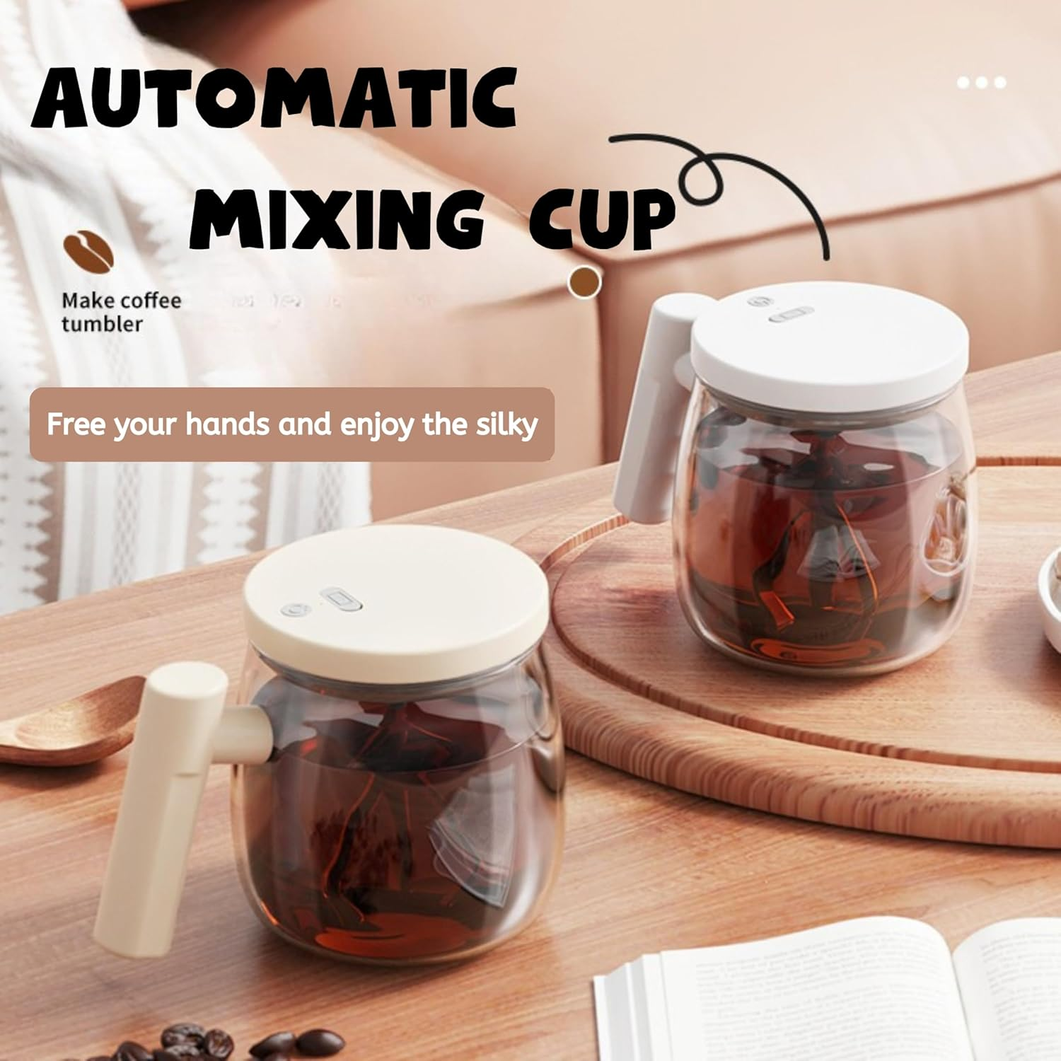 Electric High Speed Glass Self Stirring Coffee Mug with Lid, Rechargeable Automatic Mixing Cup Spinning Mug, Self Stir Mug with Detachable Stirring Rod for Home Office Travel (Rechargeable) (Khaki) image number 5