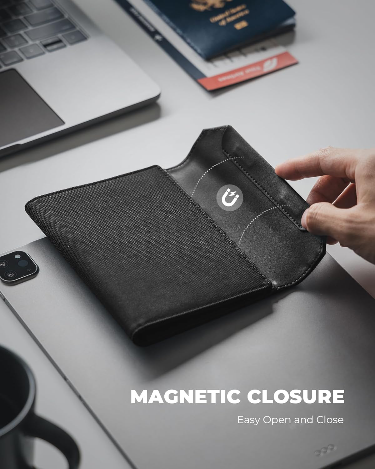 VULKIT Passport Card Holder, Vegan Leather Passport Wallet, RFID Blocking, Travel Essential, Magnetic Closure, Detachable Airtag Holder, Black - Blue image number 6