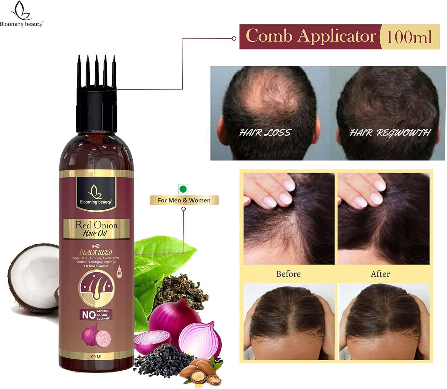 Blooming Beauty Onion Hair Oil for Hair Growth, anti Dandruff & Red Oninin | Hair Regrownz Black Seed Oil for Women(100X3Comb Applicator)) image number 6