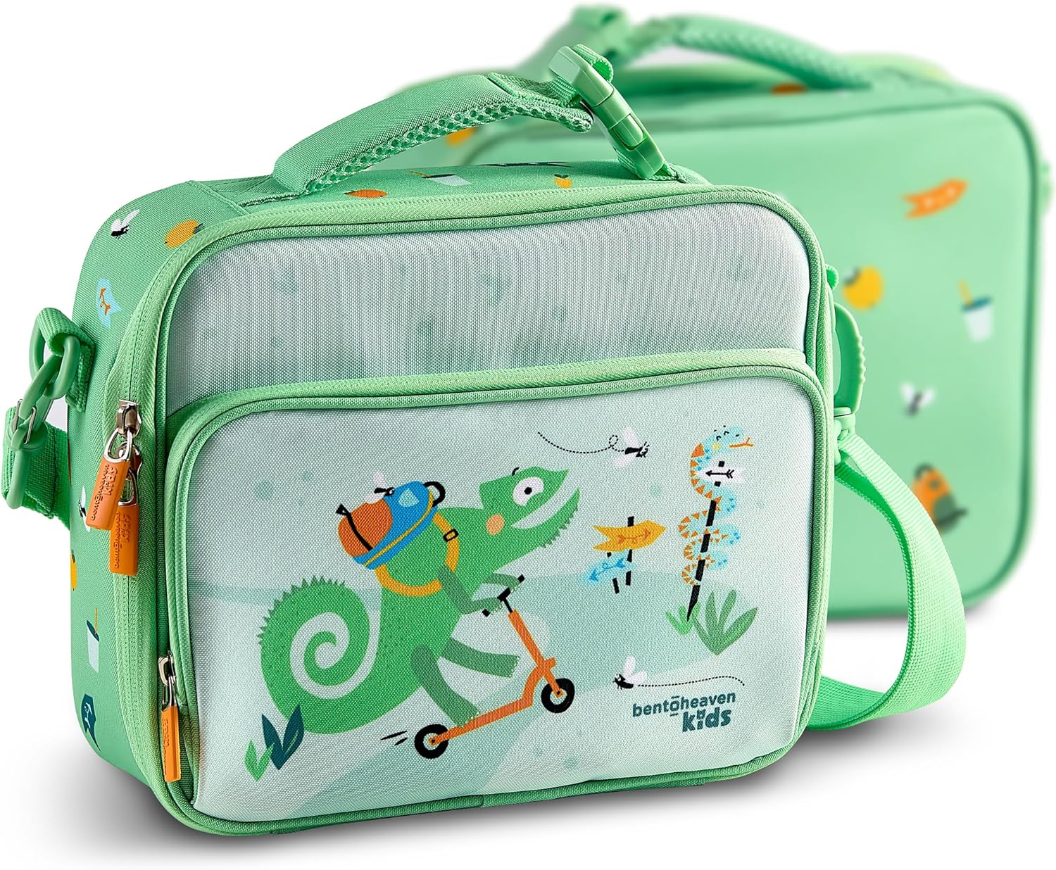 Bentoheaven Insulated Lunch Bag for Kids, Girls & Boys - Large Size Fits Bento Lunch Box, Water Bottle & Snacks - Durable, Easy to Clean, Leakproof - Adjustable Shoulder Strap, Zipper Pockets (Green)
