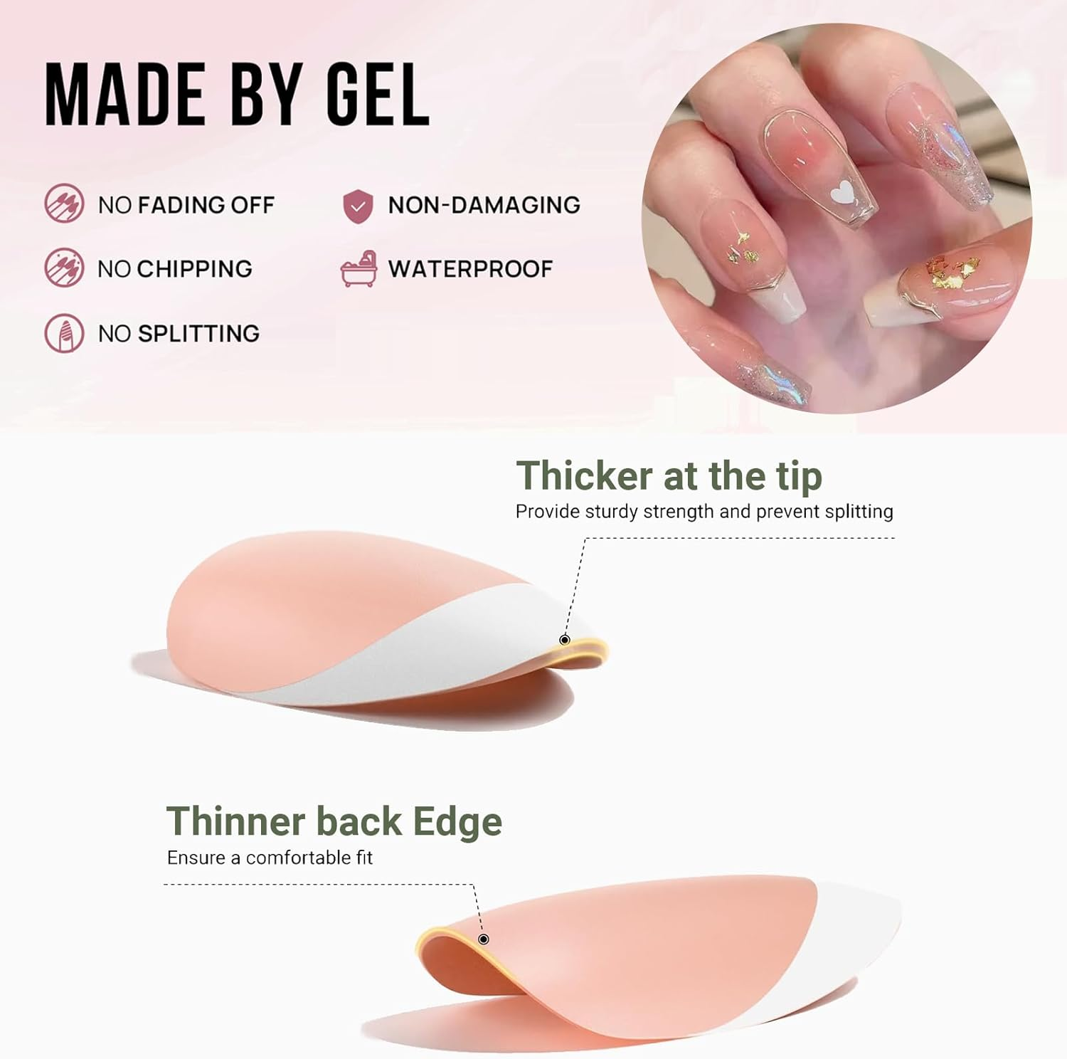 JOWILIN Press on Nails Set, 10 Pcs French Tip Exquisite Handmade Fake Nails with Ultra-Adhesive Jelly Glue and Nails Kit, Long-Lasting over Two Week, Reusable False Nails for Women, Girls (Pink) - Ink image number 5