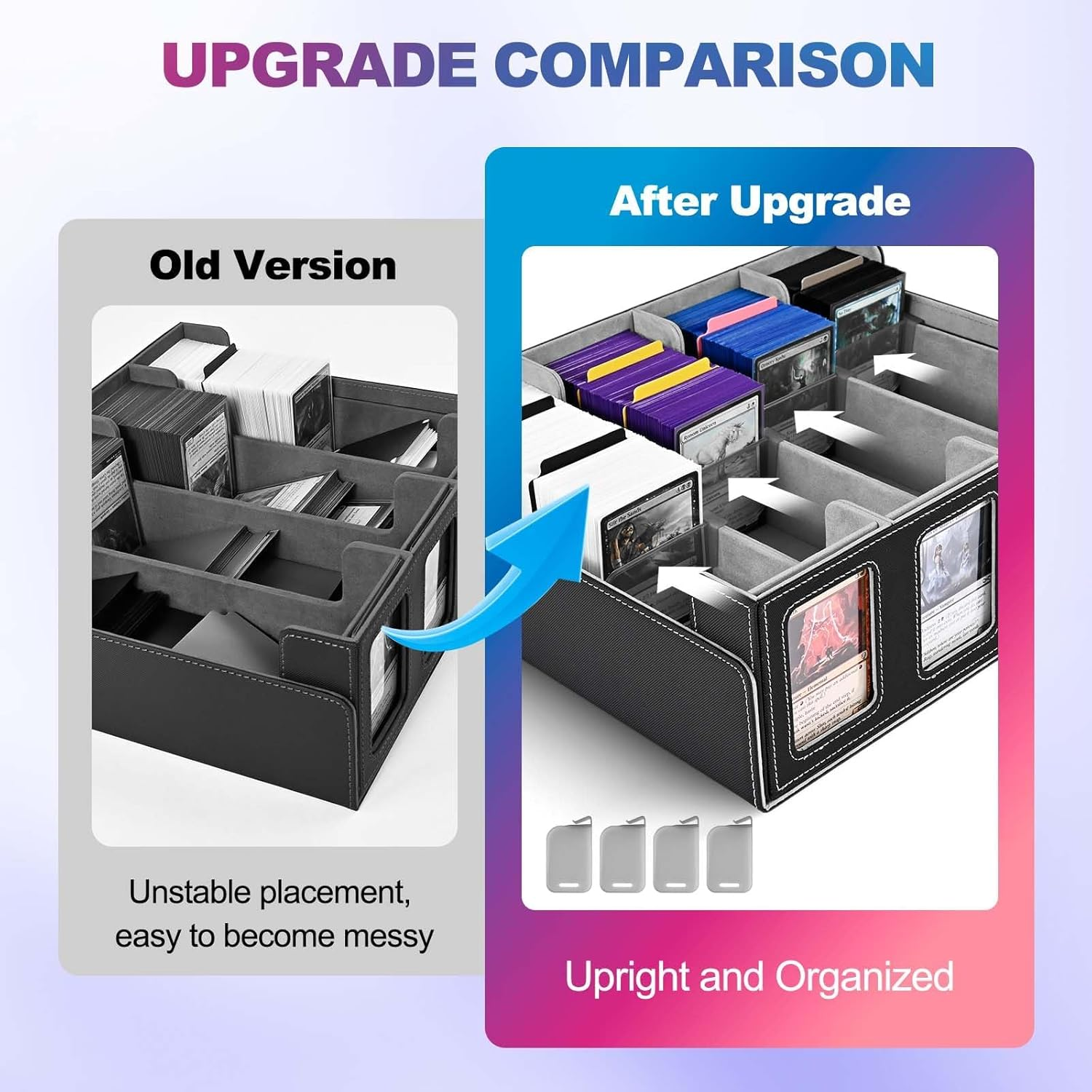 Cardnovux Trading Card Storage Box with Commander Display; 2400+ Deck Box for MTG with Removable Cover; Toploader Card Case Fits Magic TCG PTCG Sports Cards; 24 Dividers, 4 Stoppers (Black & Grey)