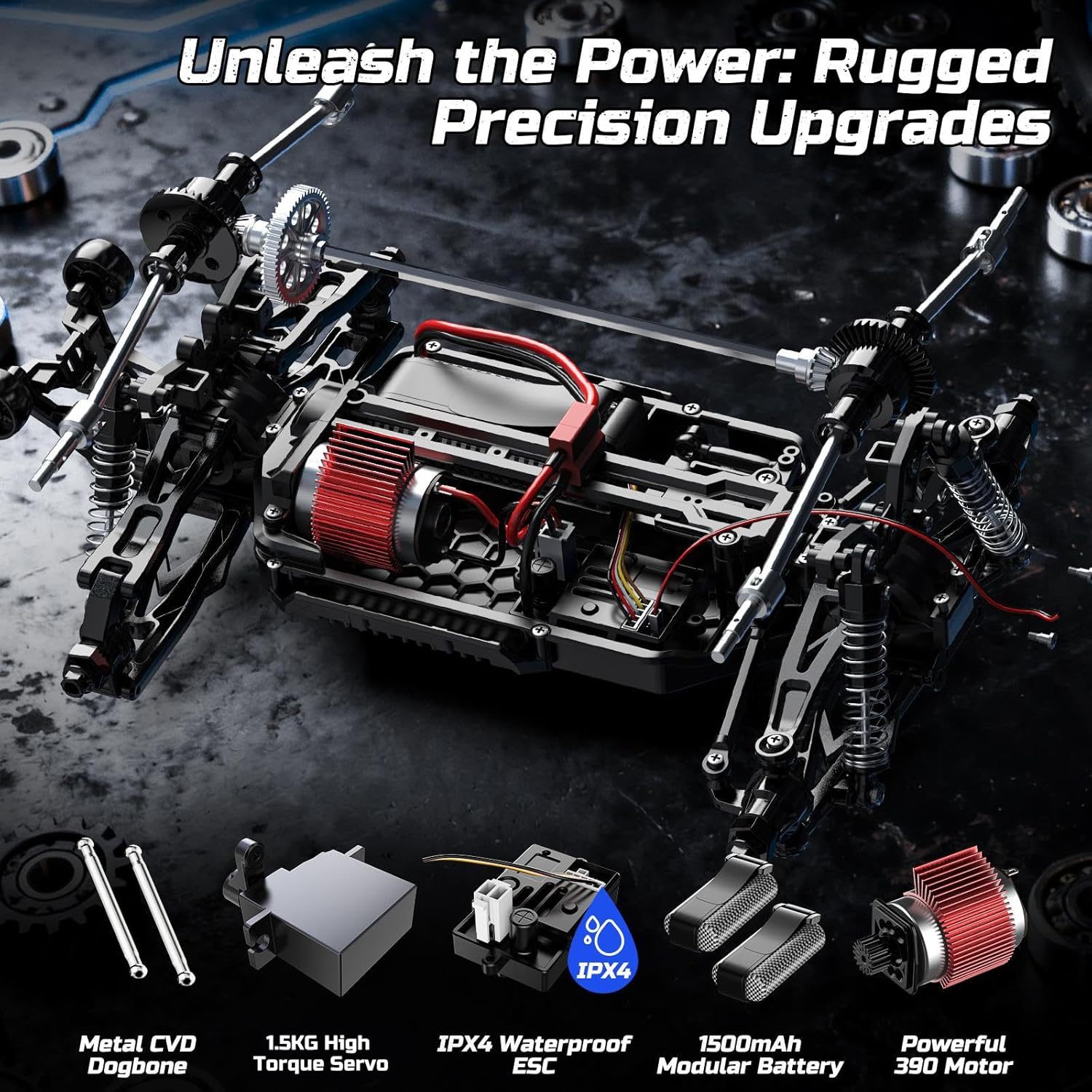 DEERC 9006E 1:12 RC Cars for Adults Boys, 45KM/H Off-Road Short Course Truck, 4WD All Terrain Remote Control Monster Truck, 2.4Ghz Waterproof Car with 2 Rechargeable Batteries, Spare Tire, LED Lights image number 5