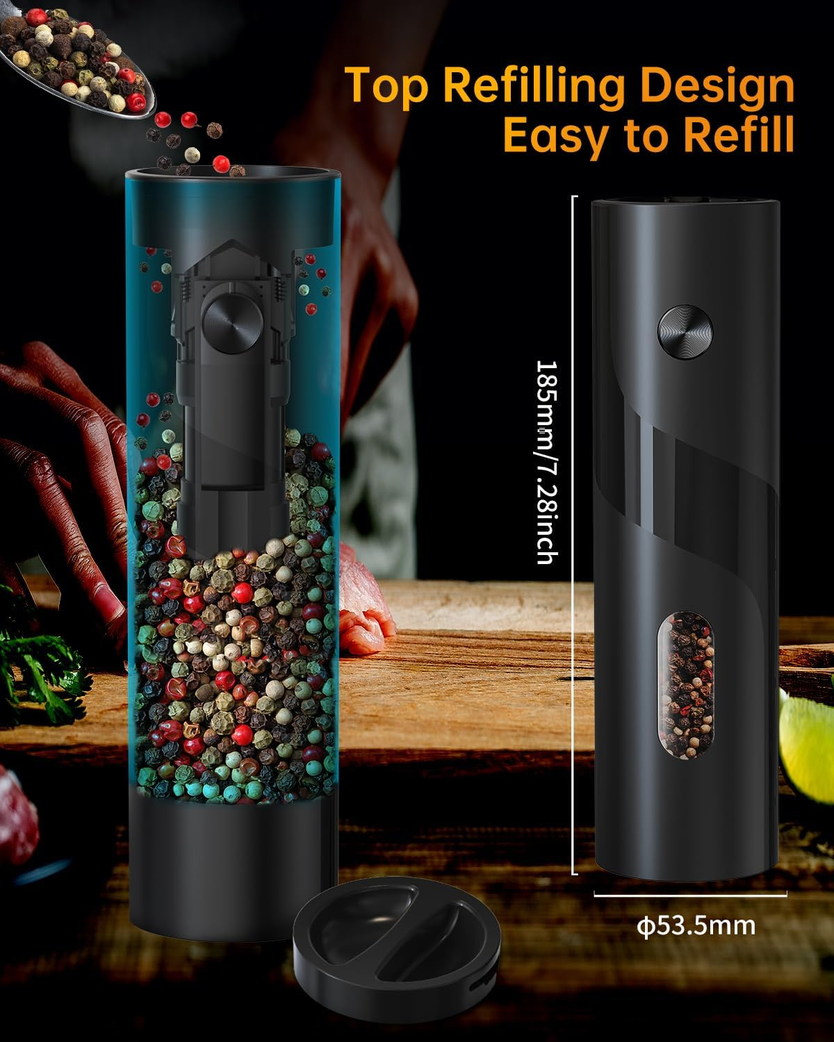 CIRCLE JOY Electric Pepper Grinder, Top-Refill Battery Operated Pepper Mill Grinder with Upgraded 110ML Capacity, Adjustable Coarseness, Led Light image number 4