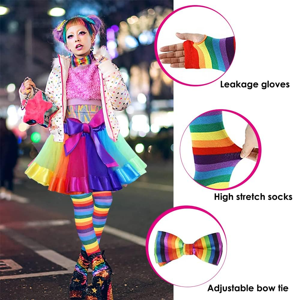 AUTOWT 80S Women Costume Accessories Set, Rainbow Fancy Outfits Long Stretchy Gloves Socks Tulle Tutu Skirt Adjustable Suspender Bow Ties for Cosplay Themed Party image number 4
