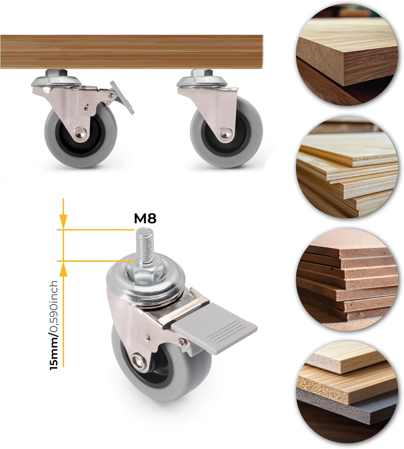 Emuca - Pack of 4 Grey Swivel Castors for Furniture (2 with Brake and 2 without Brake) 50Mm(1,96 Inch) Diameter with M8X15 Bolt and Ball Bearings image number 2