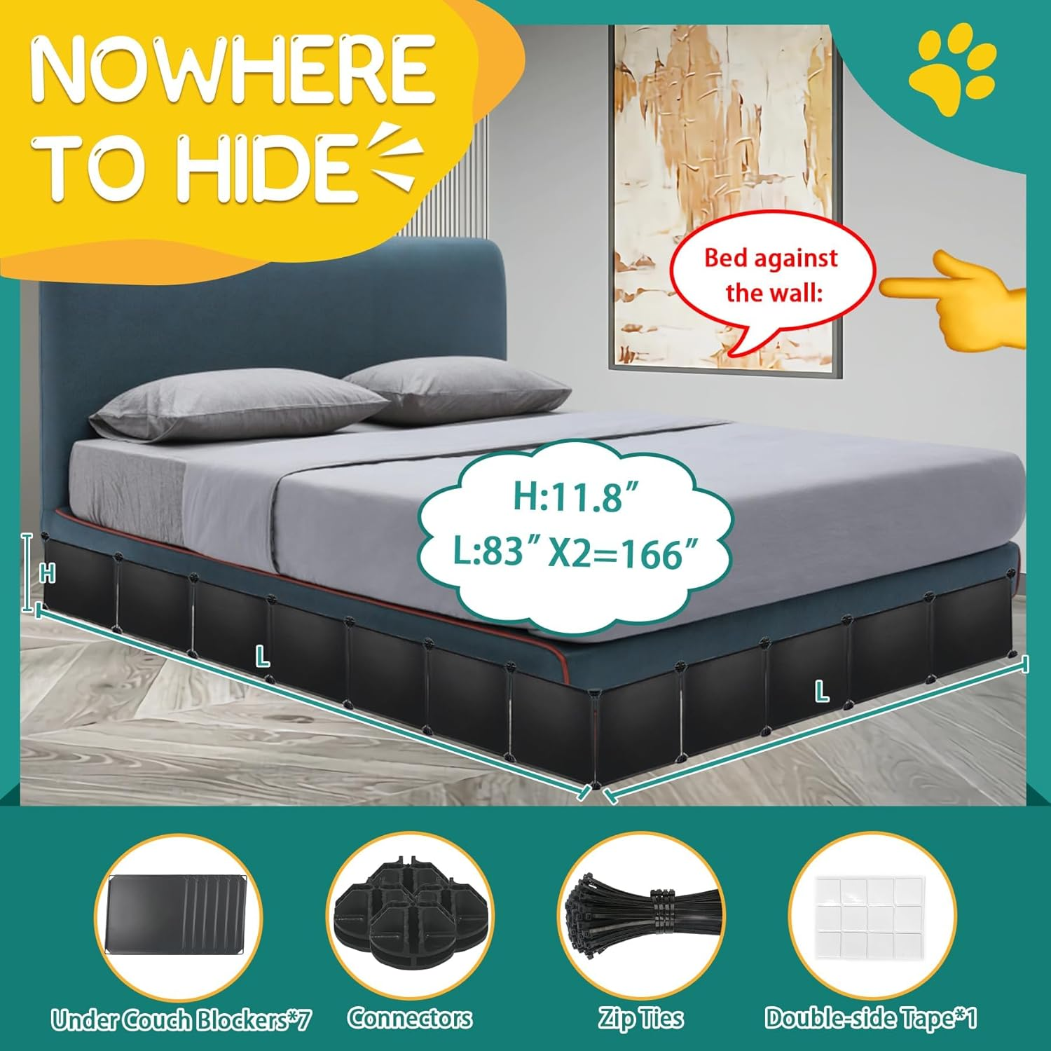 Under Couch Blocker for Toys under Bed Blocker for Pets 166&rdquo; Length 11.8" Height in Total under Furniture Blocker with Sticky Double Side Tape, Connectors and Zip Ties for Pets, Black image number 3