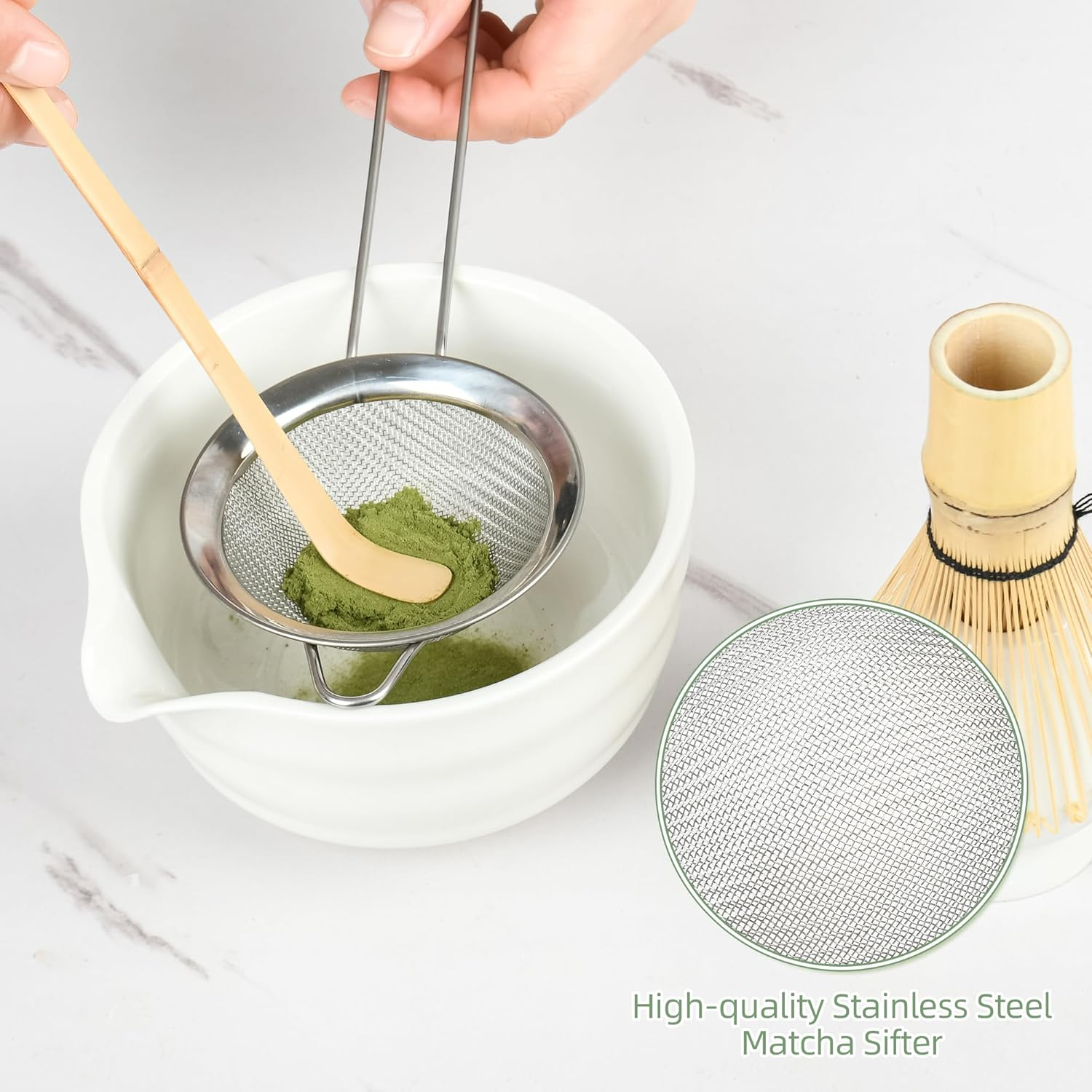 Matcha Whisk Set, Japanese Tea Set Includes Matcha Bowl with Spout, Matcha Whisk Stand, Bamboo Matcha Whisk and Bamboo Spoon, Matcha Powder Sieve, 17 Ounces White Ceramic Matcha Set (White) image number 1