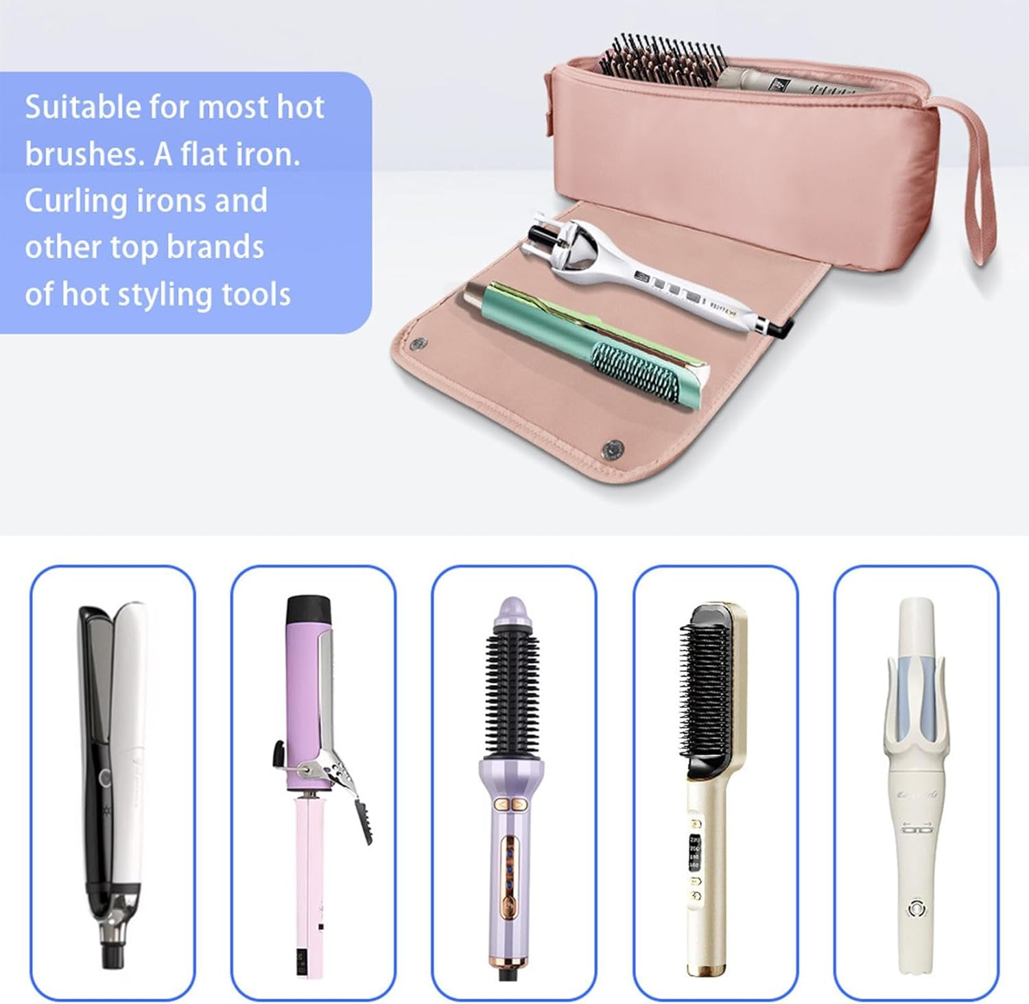 Hair Straightener Bag - Divided Zippered Waterproof Curling Iron Case - Dustproof Tool Holder for Hair Dryer, Portable Flat Iron with Strap