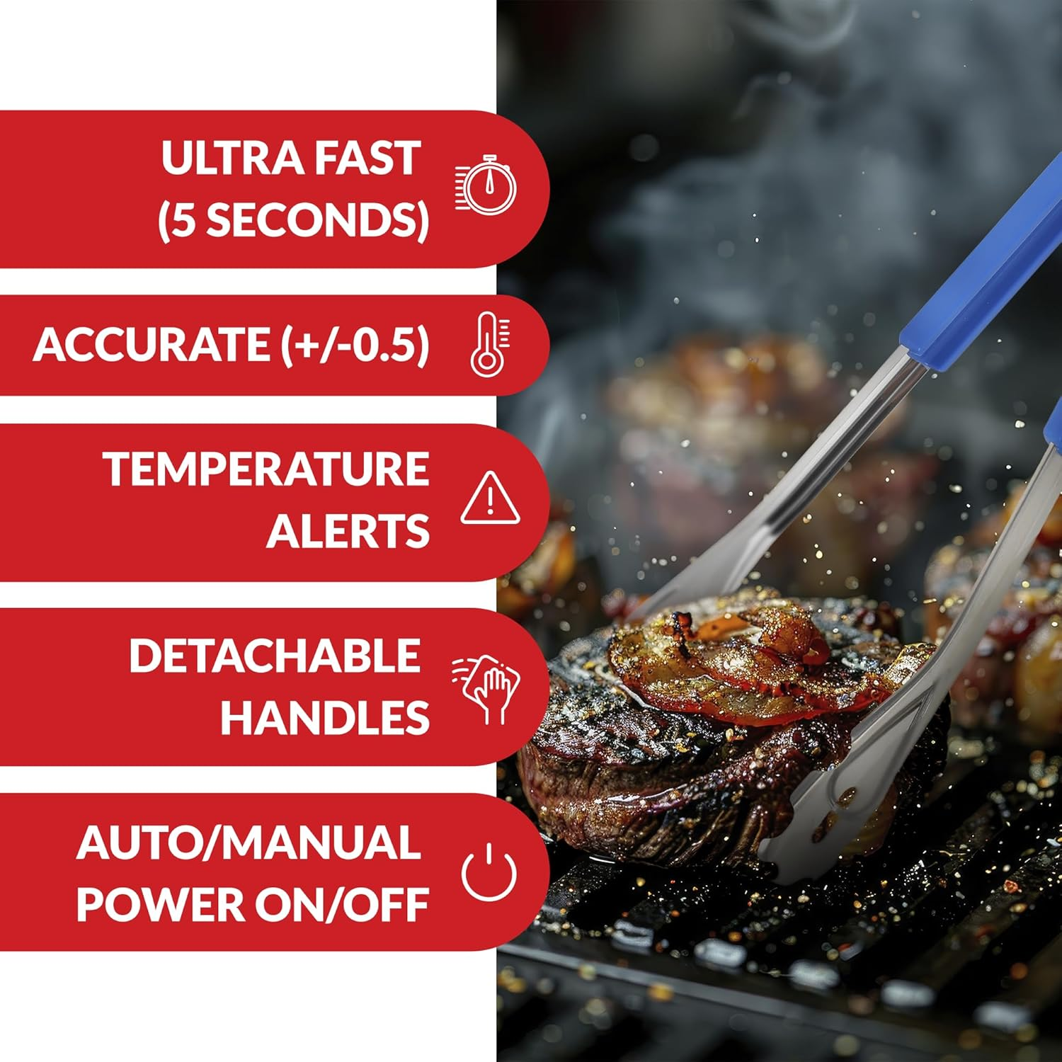 Kitchen Tongs with Thermometer for Instant Read Out - Multifunctional Long Stainless Steel BBQ Tongs for Outdoor Grilling, Cooking, Barbecue, Buffet and Turning Food - Size 15.7 Inch image number 2