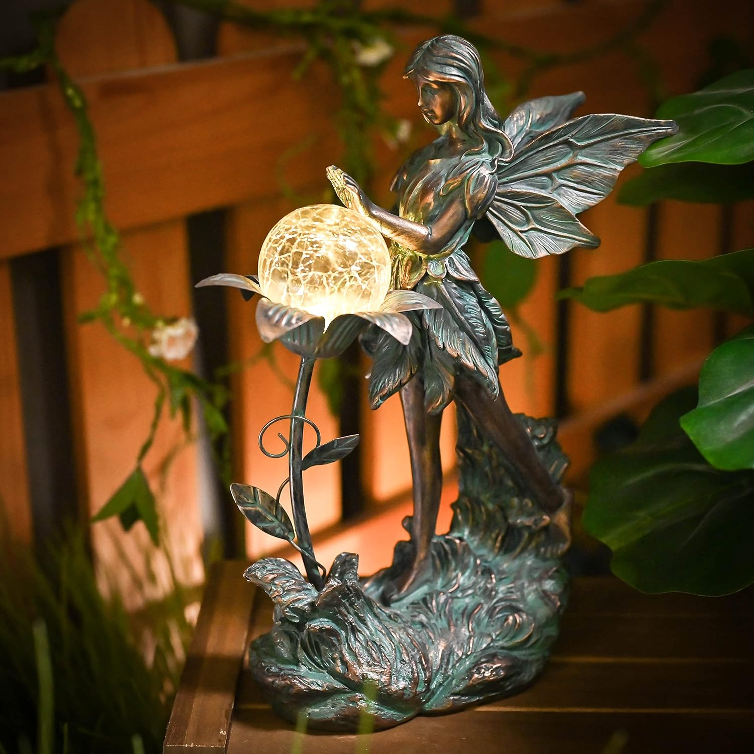 TERESA'S Collections Garden Fairy, Large Bronze Garden Sculptures & Statues with Solar Outdoor Light, Yard Art Lawn Ornaments for Outdoor Decor, Ideal Housewarming Gifts for Mom Birthday 10.6" image number 1