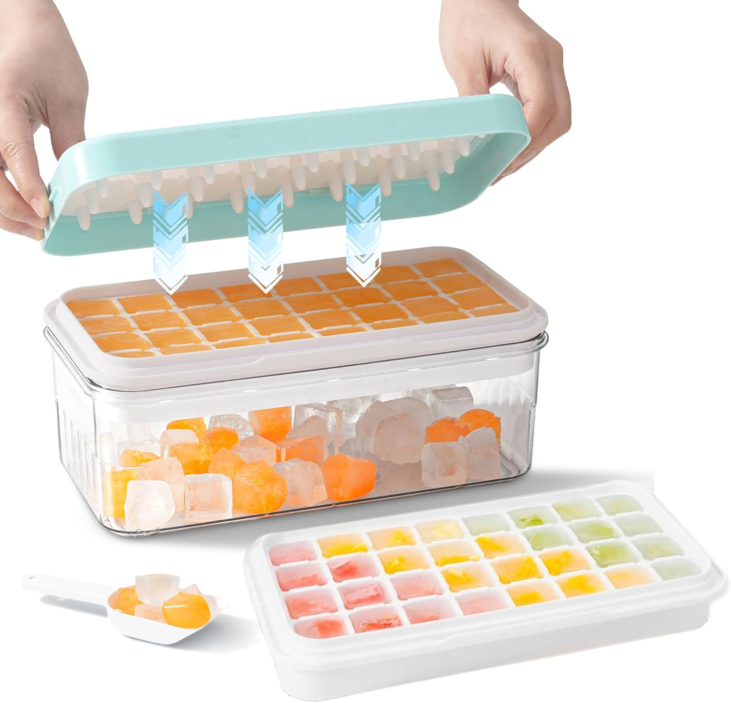 64 Cavity Ice Tray Set - Pop-Up Silicone Molds with Lids and Storage Bins, Bpa-Free Food-Grade Silicone, Including Spoon and Press Plate, Great for Parties, Get-Togethers and DIY Fun