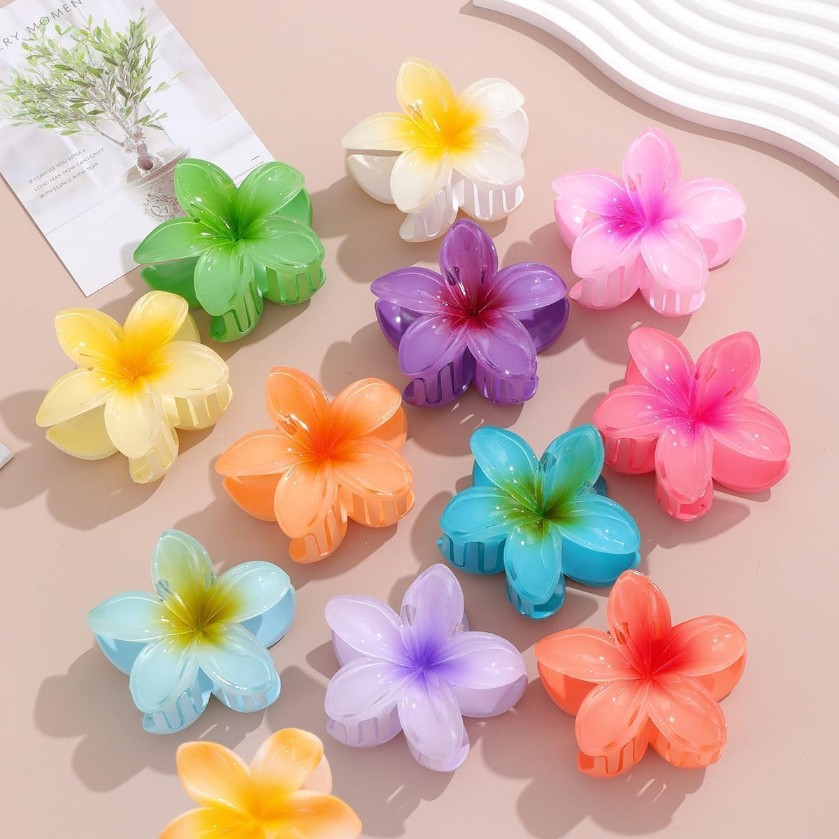 12Pcs Hawaiian Plumeria Flower Claw Hair Clip, Betterjonny Large Claw Clips for Thick and Thin Hair,Beach Tropical Hair Claw Clips for Women Teen Girls image number 1