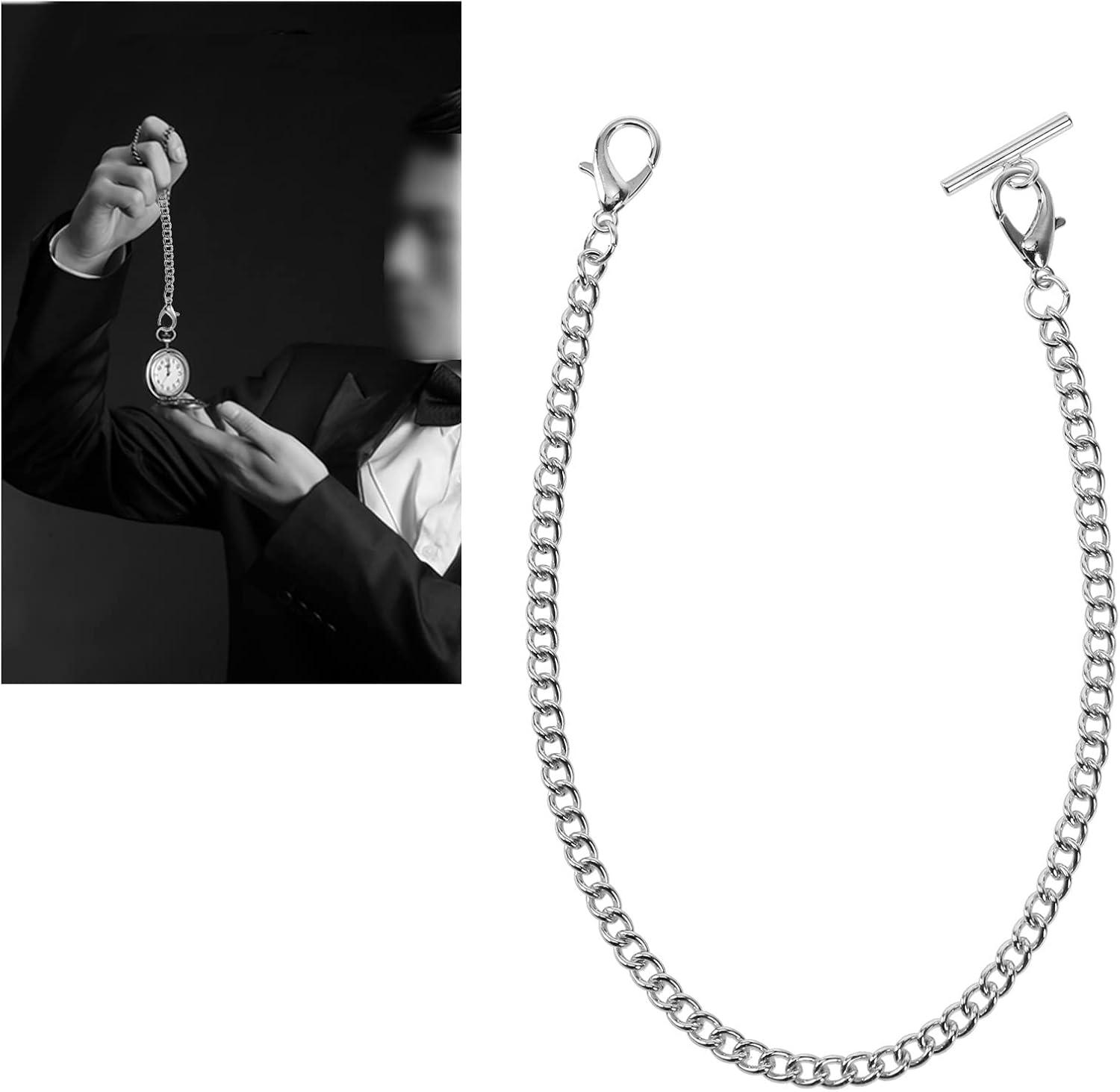 Emsea Pocket Watch Albert Vest Chain with T Bar & Lobster Clasps Plating 14 Inch Classic Metal Watch Chain Link & Pocket Watch Stand Single Link Vest Belt - Silver image number 5