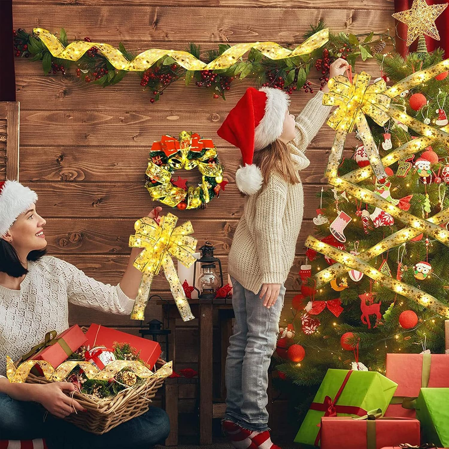 Christmas Tree Ribbon Fairy Lights, 19Ft/6M 60 LED Shining Ribbon String Lights, Waterproof Battery Operated Xmas Tree Lights for New Year Party Decorations Indoor Outdoor Ornaments (Gold 6M) image number 1