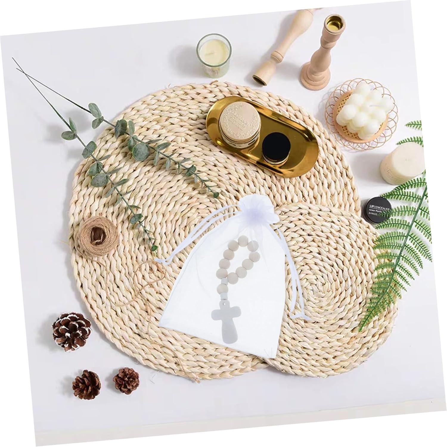 VILLFUL 40 Sets Wooden Bead Rosary Bracelets with Cross Charms for Baptism and First Communion Baby Shower Favors with Organza Bags image number 4