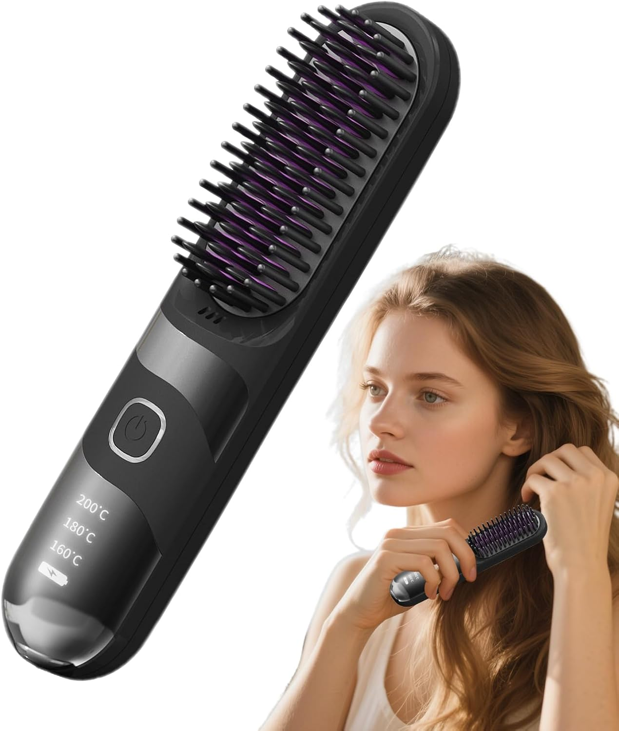 Nankoyal Rechargeable Hair Straightener | Wireless Curler Brush - 2-In-1 Temperature Adjustable Quick Styling Cordless Hair Straightener Brush for Home
