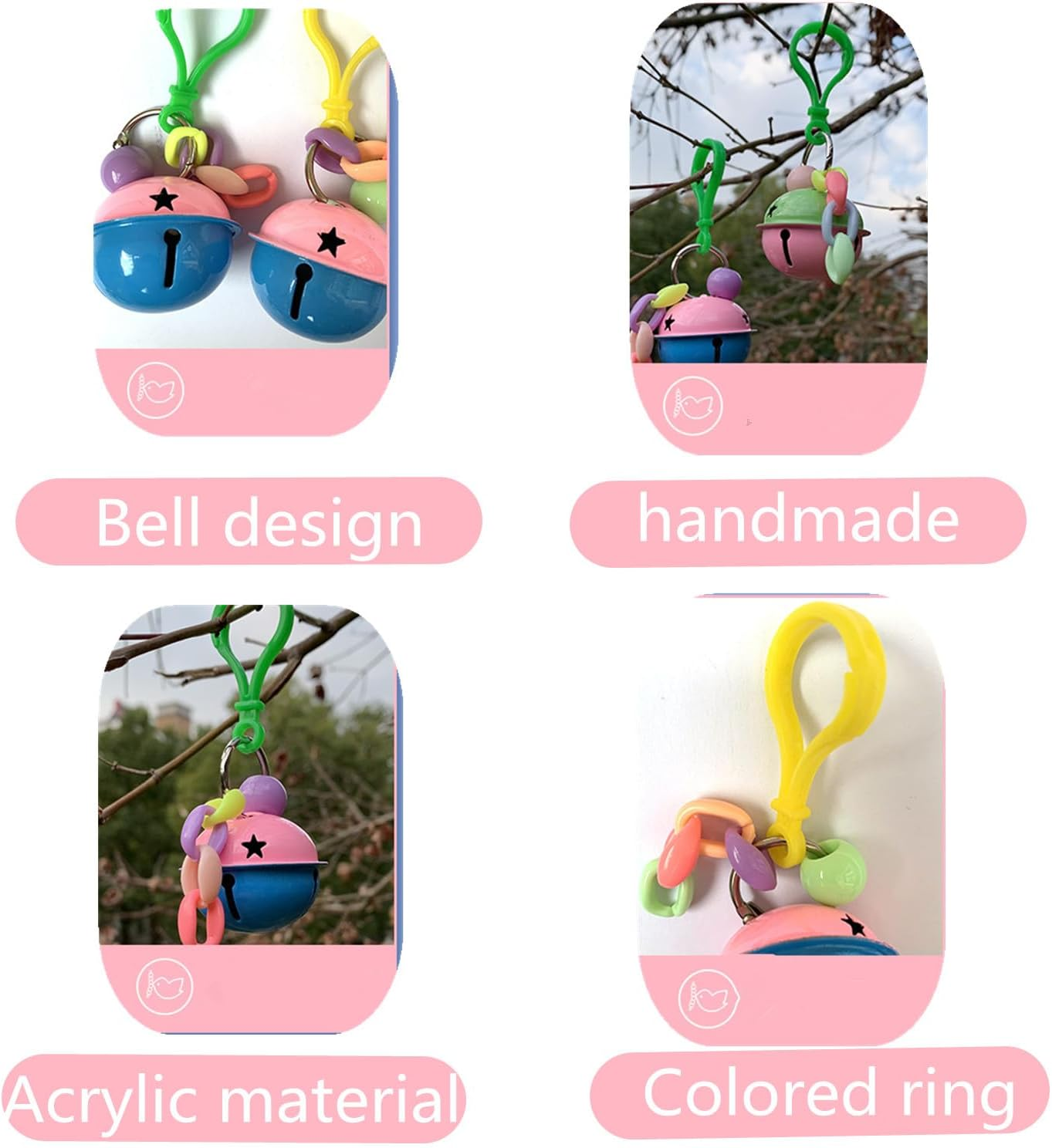 Conure Toys Bell, Parakeet Bell Toy - 2 Bird Cage Cockatiel Toys - Acrylic and Metal Bird Cage Pendant Chew Toy